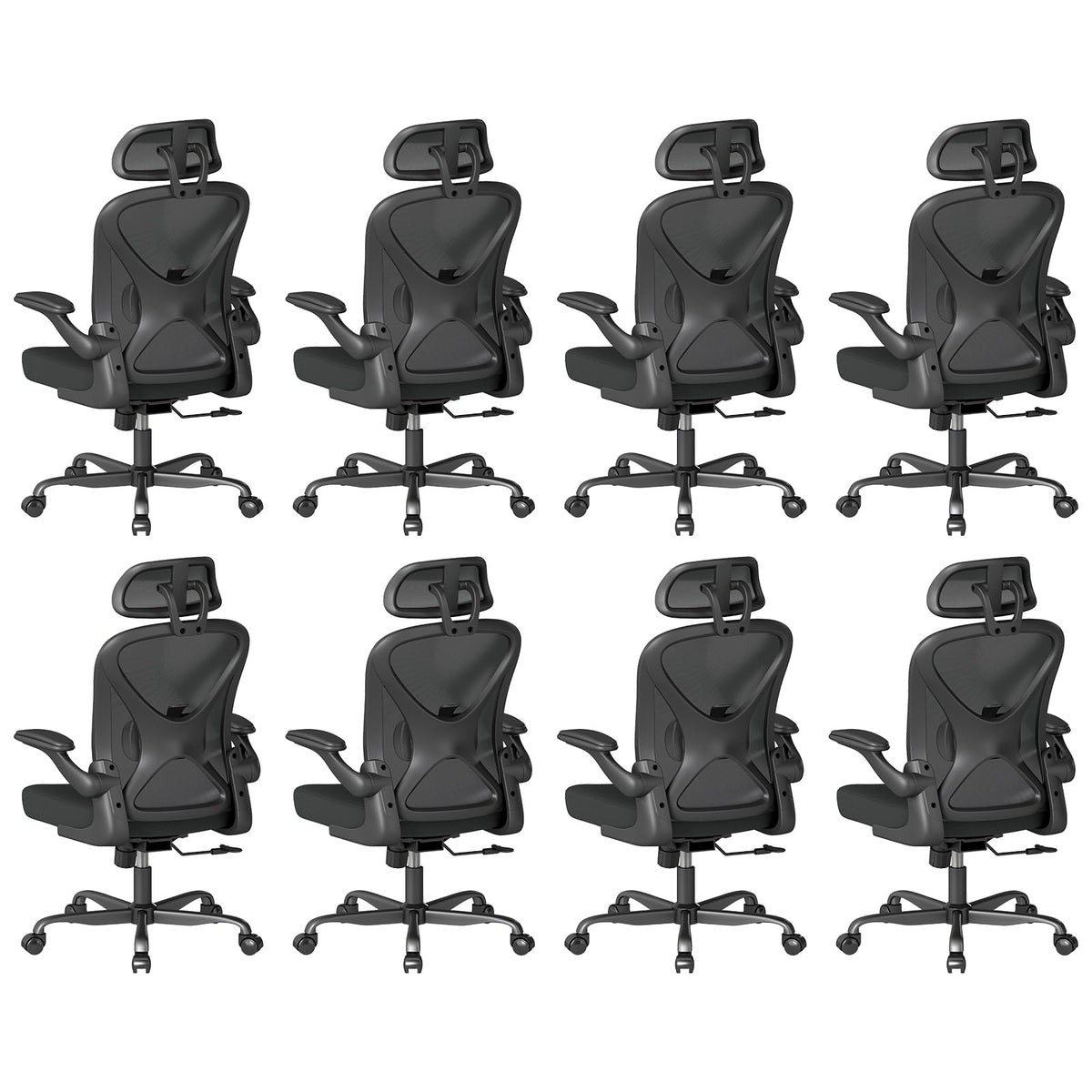 Ergonomic Office Chair Set of 8, with Adjustable Lumbar Support, Mesh Fabric Home Office Chair with Headrest, 360° Swivel and Flip-Up Armrests, Black