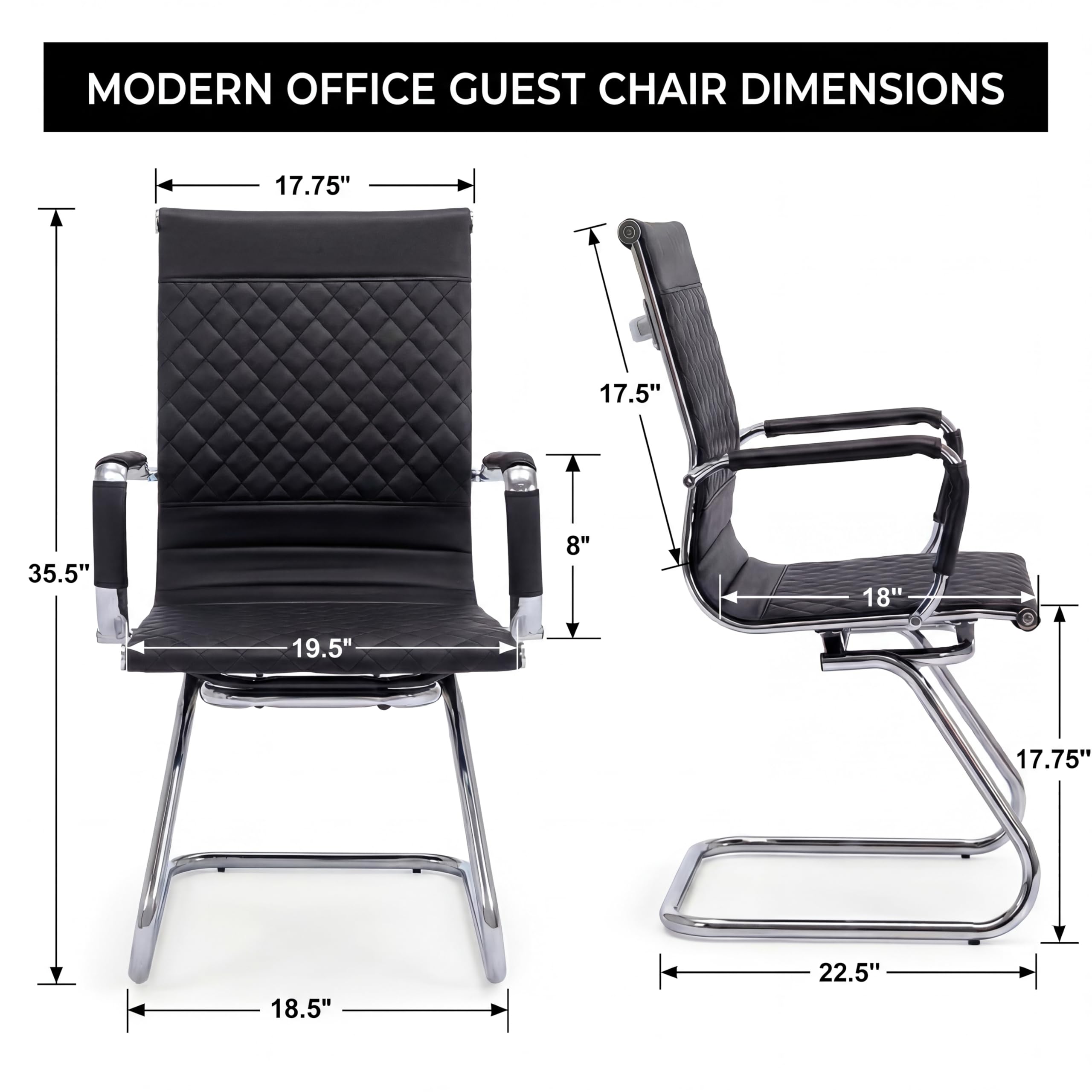 Office Chairs Set of 2 - PU Leather Chairs with Arms - Desk Chair No Wheels 400LB Capacity Sled Base, Modern Conference Chair for Home Office, Lobby, Salon Black