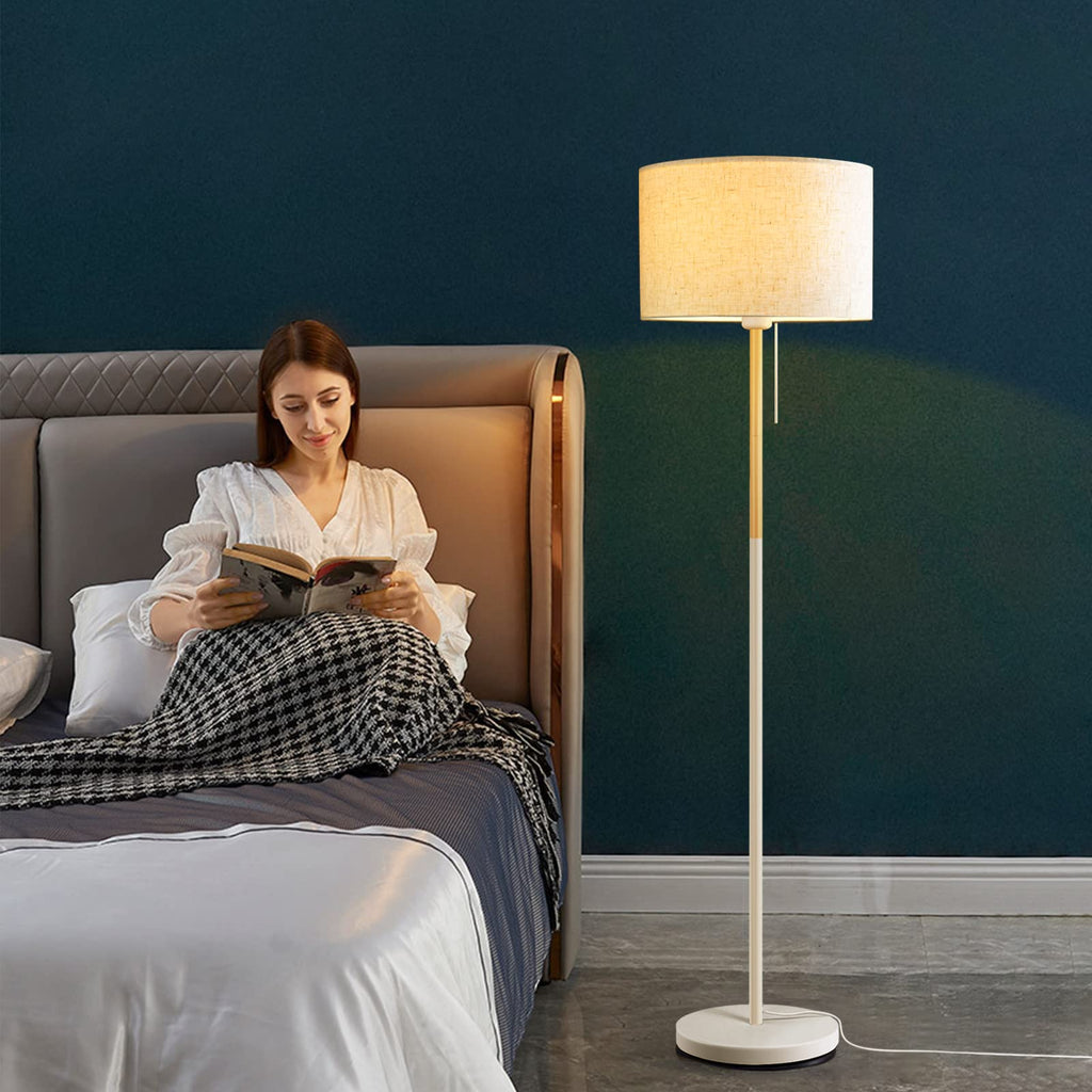 Bedroom Standing Floor Lamp, Farmhouse Lamp with Linen Shade, White