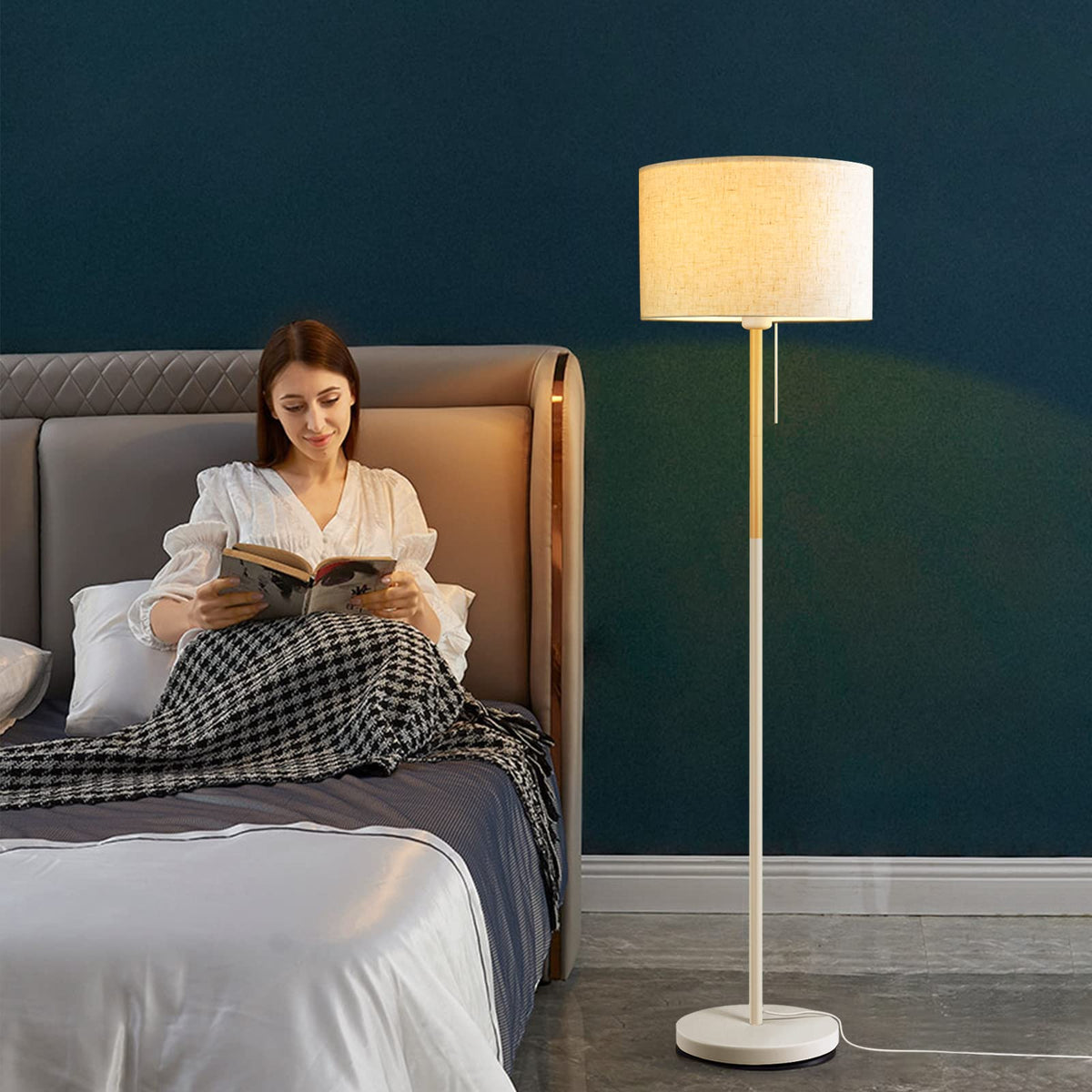 Bedroom Standing Floor Lamp, Farmhouse Lamp with Linen Shade, White