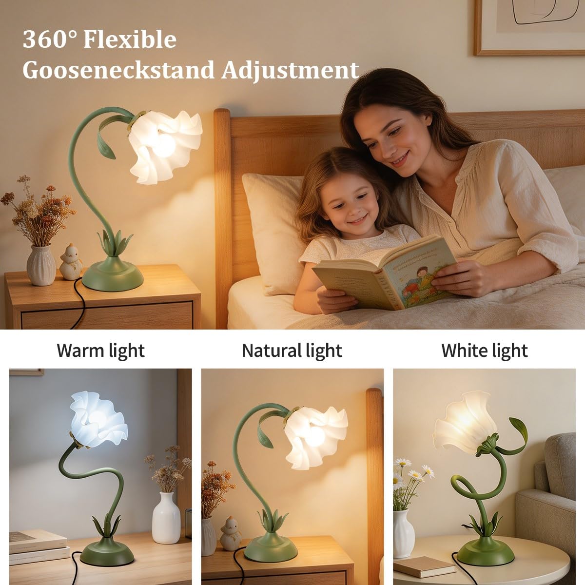 Flower Table Lamp Cute Lily Desk Lamp Bedside Night Light -Green