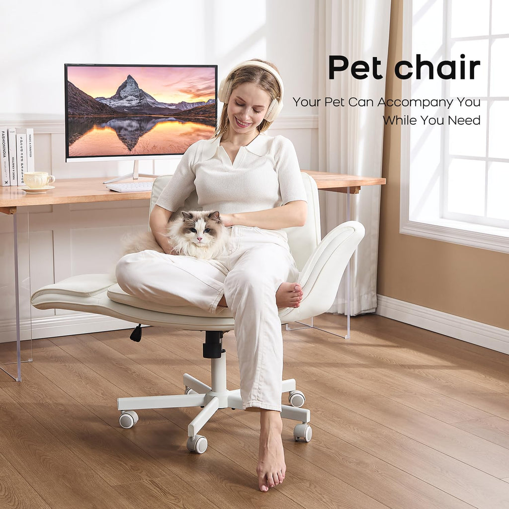 Criss Cross Office Chair, PU Leather Vanity Chair with 5-Level Adjustable Armrests & Swivel, Ergonomic Criss Cross Chair for Home Office Bedroom Makeup（White）