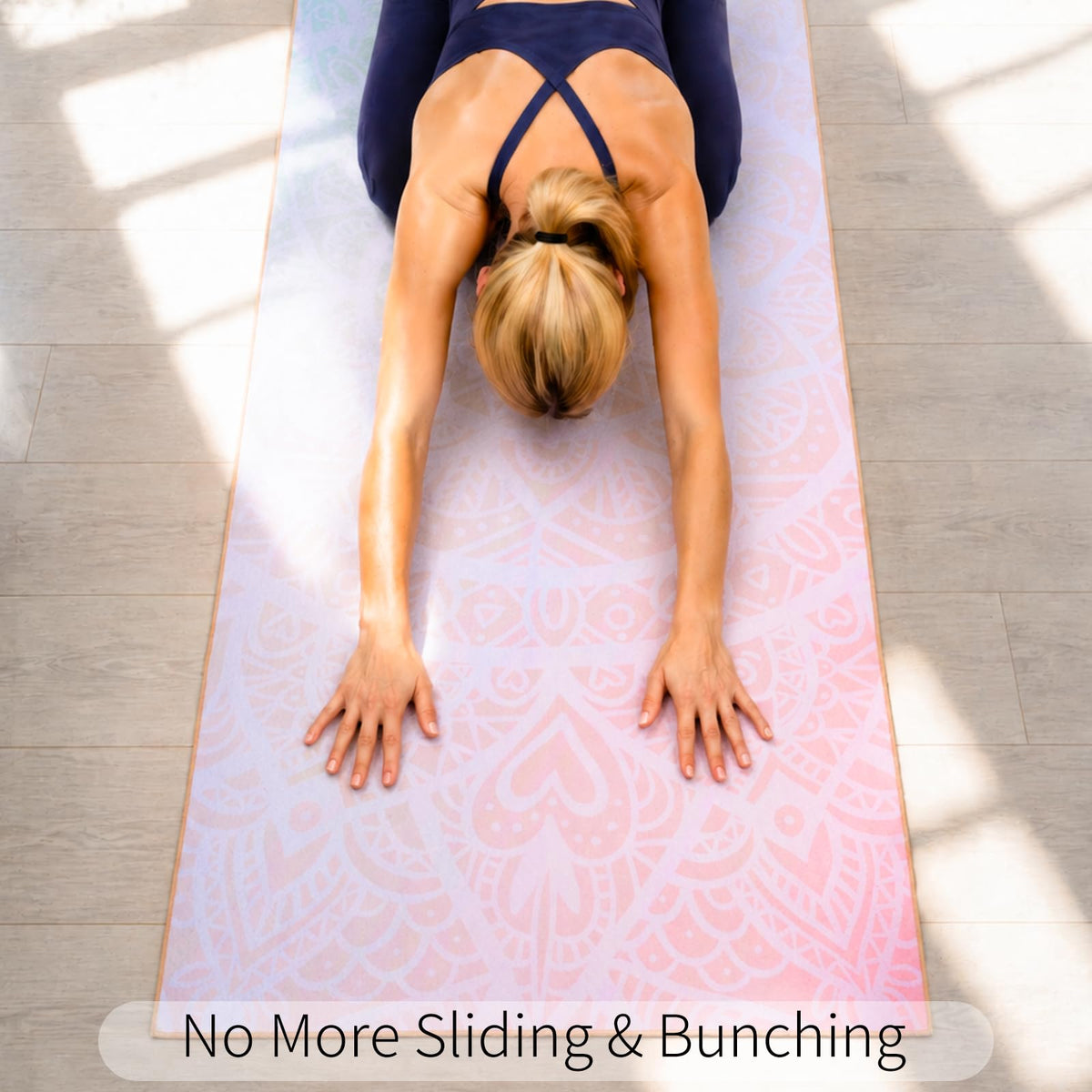 Hot Yoga Towel with Grip Dots, Non Slip, 70" x26, Pink Mandala