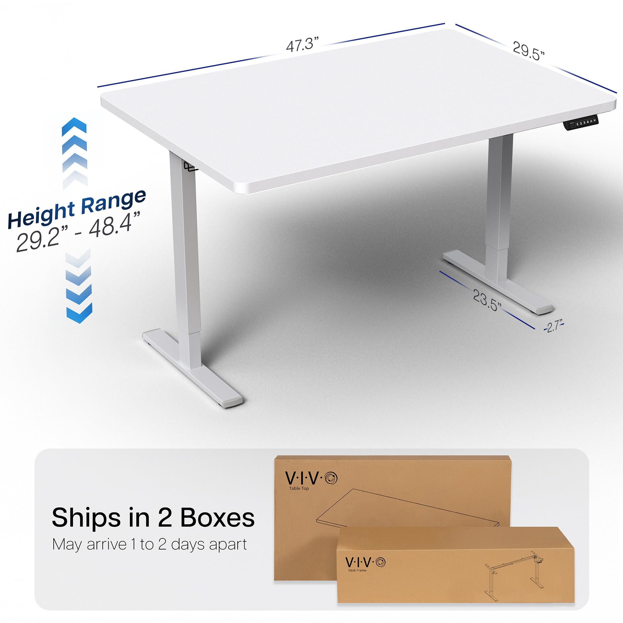 Electric 48 x 30 in Standing Desk, Memory Height Adjustment, 1B Series, Holds 220 lbs, One-Piece White Top, Gray Frame