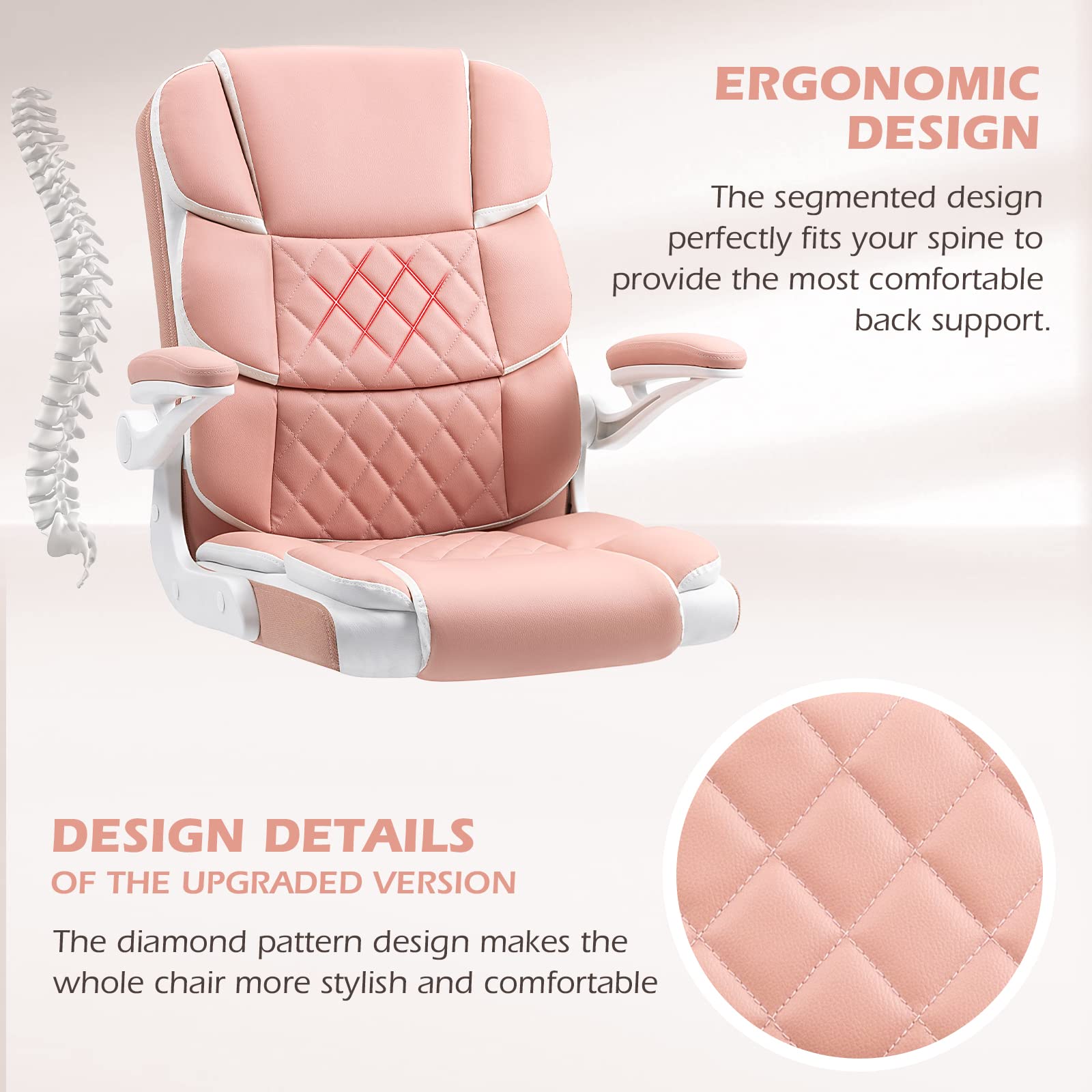 Pink Desk Chair Modern Executive Office Chair with Arms PU Leather Computer Desk Chair for Girls Women