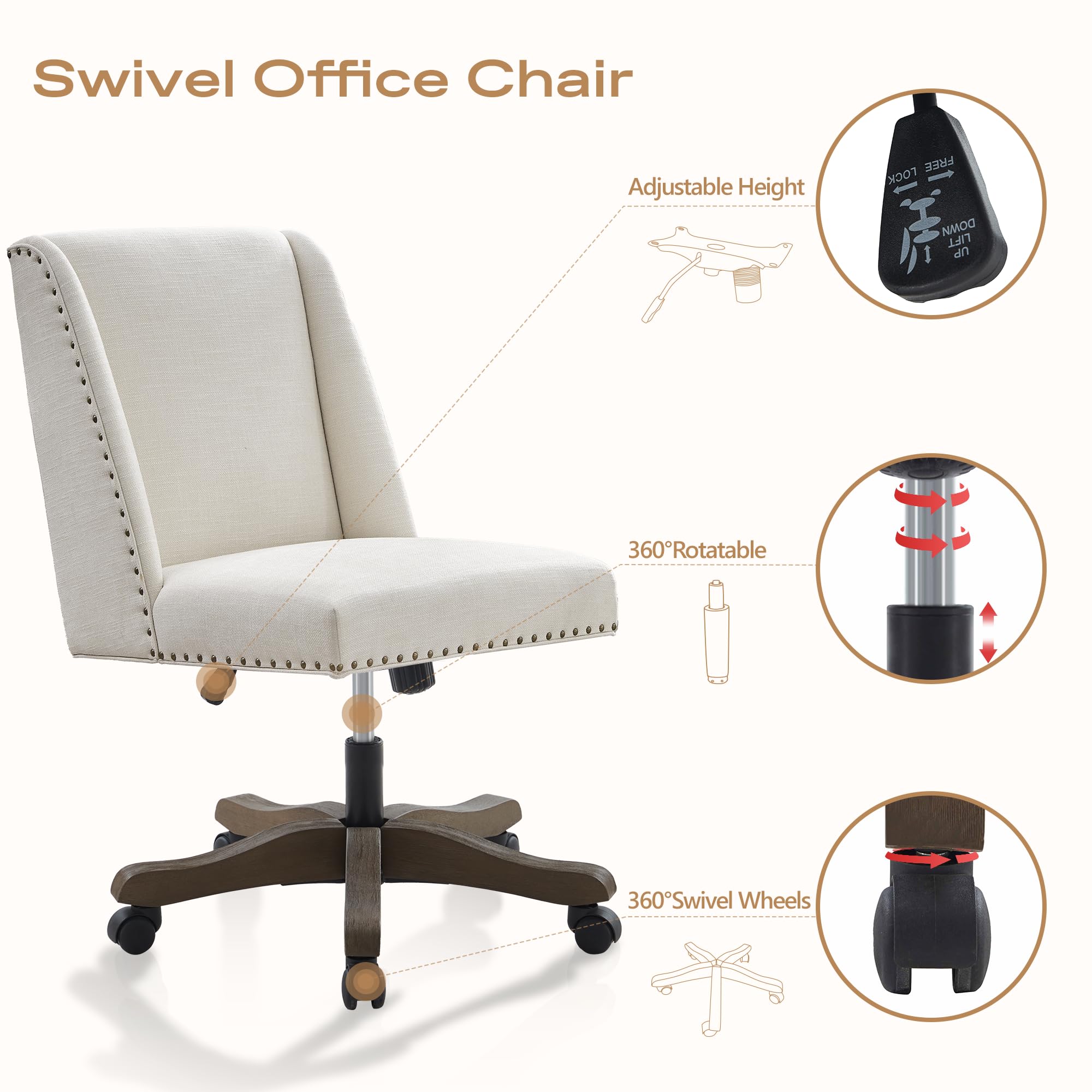 Armless Upholstered Office Chair with Wooden Legs, Modern Criss Cross Adjustable Home Office Desk Chair No Arms Sewing Chair Swivel Chair for Women Farmhouse Study Studio (Beige)