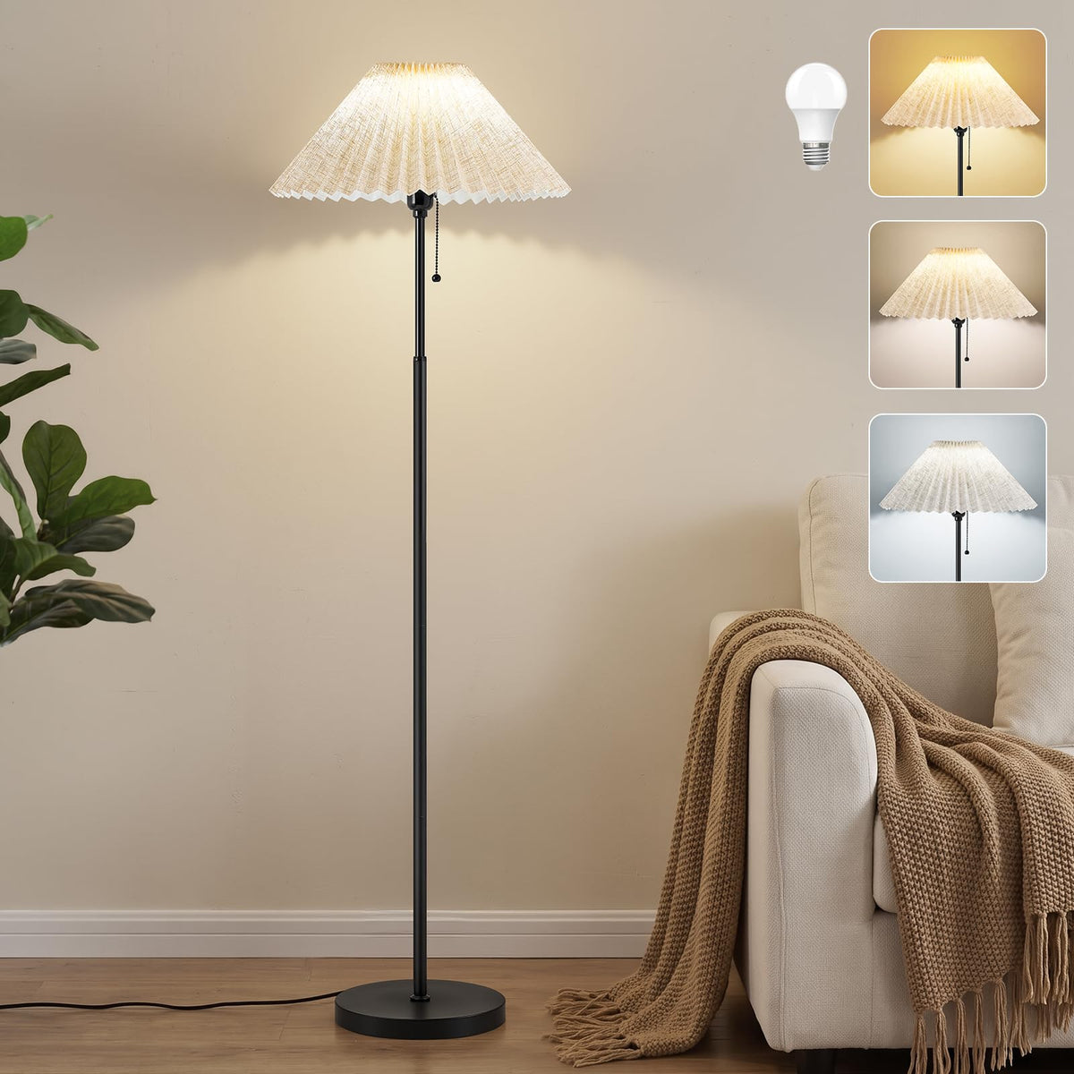 Floor Lamps for Living Room, 59.5" Pleated Modern Standing Lamp,Linen Shade