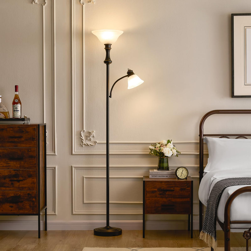Torchiere Floor Lamp with Adjustable Angle Reading Lamp-Black 71IN