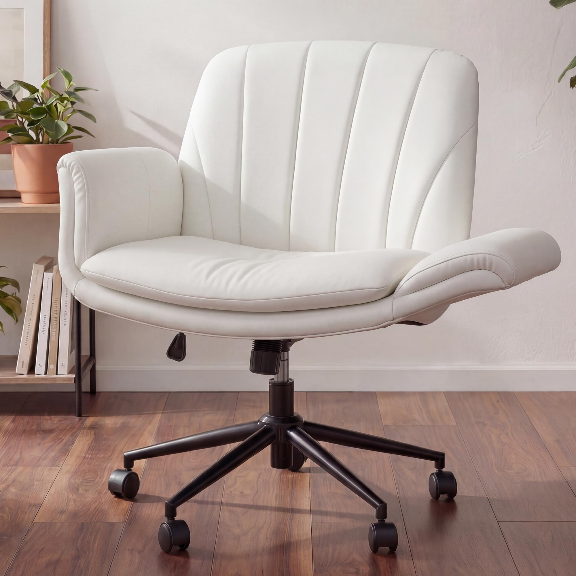 Criss Cross Chair with Five-Level Adjustable Arms and Wheels - Comfortable Ergonomic PU Leather Swivel Vanity Chair - Computer Makeup Gaming Chair for Home Office, Bedroom, Vanity Room (Beide)