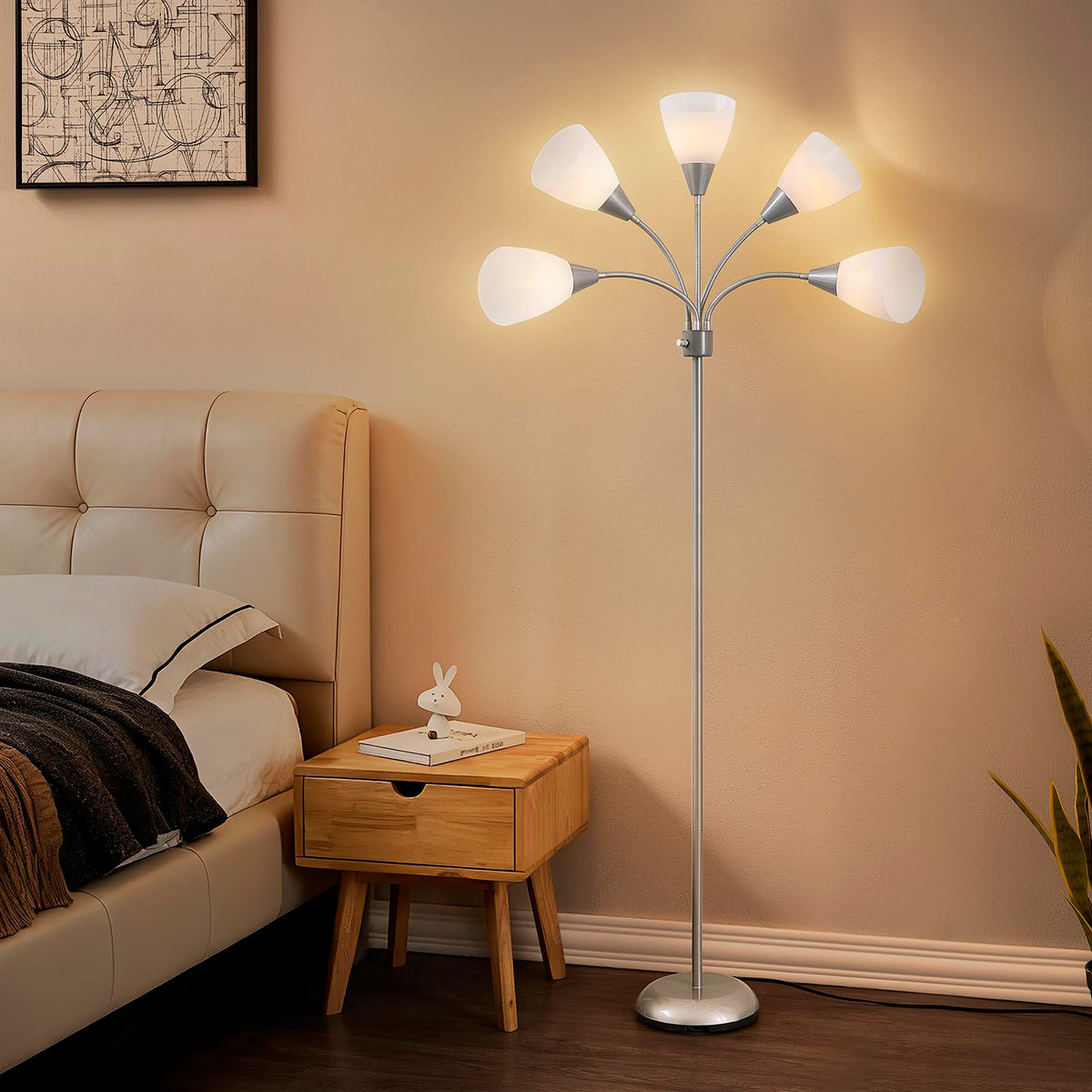 Medusa Modern Decor Floor Lamp, Multi Head Adjustable Gooseneck Bright Light Lamp for Reading, White Shades Tall Standing Tree Floor Lamp for Living Room Bedroom Office Kids Classroom, Silver