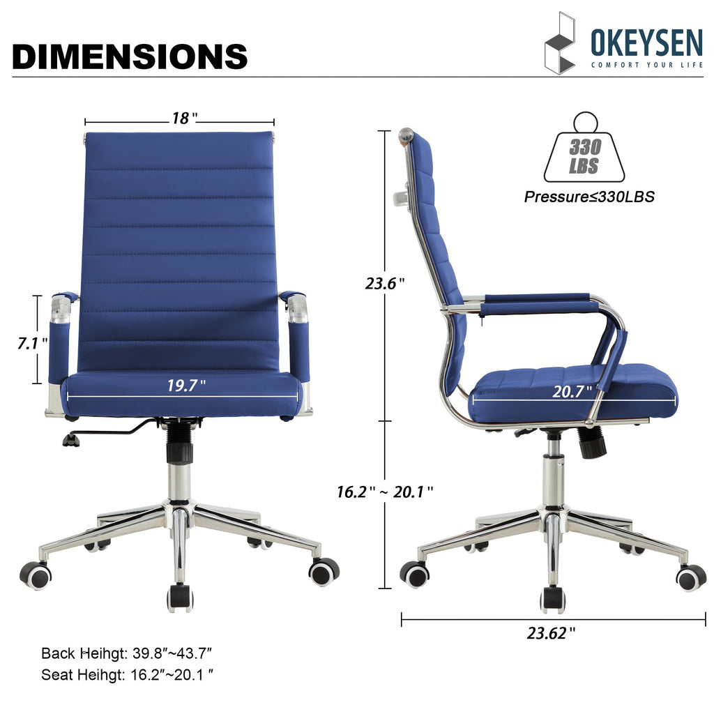 Navy Blue Office Desk Chair, Ergonomic Leather Modern Conference Room Chairs, Executive Ribbed Height Adjustable Swivel Rolling Chair for Home Office.