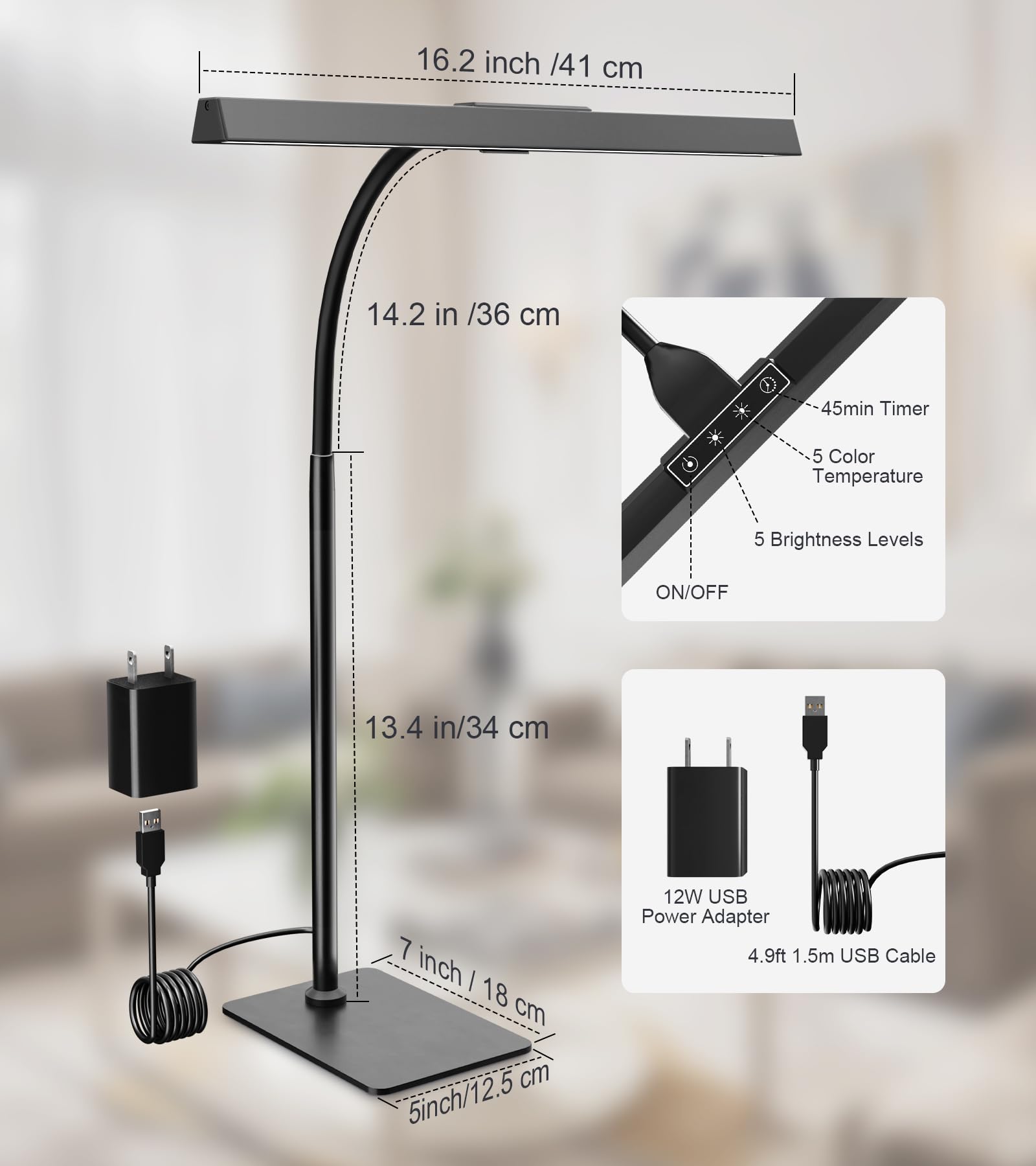 Desk Lamp for Office with Base, Eye-Caring Desk Light with Adjustable Gooseneck, 12W USB Adapter Touch Control 5 Dimmable Brightness & Color Tall Lamp for Work, Computer, Study, Task