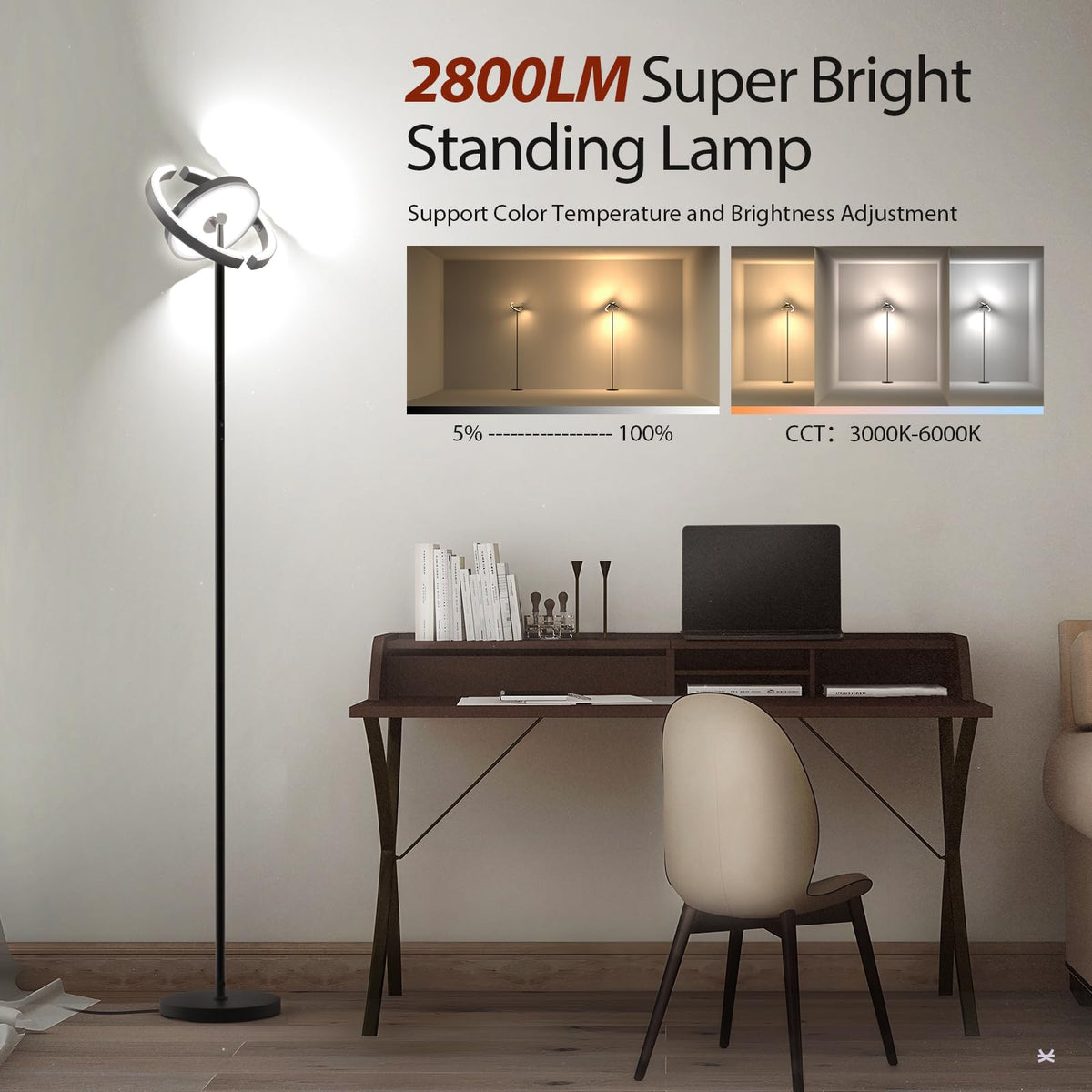 LED Floor Lamp, Dimmable 3000-6000K, Remote & Touch Controls Black