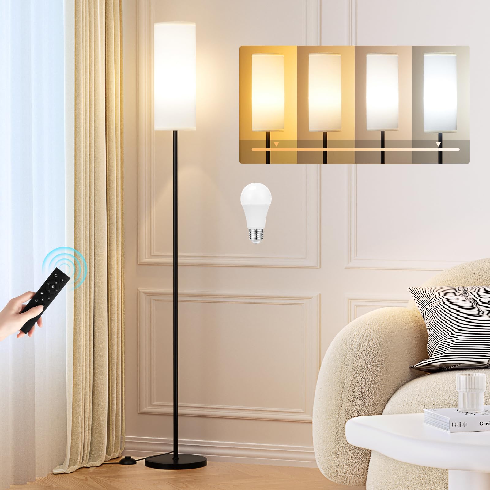 Floor Lamps for Living Room, 64" Modern Floor Lamp with Remote Control and Stepless Dimmable Colors Temperature & Brightness, Standing Lamps for Living Room Bedroom Office, 9W Bulb Included