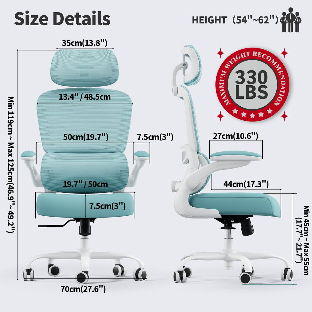 Office Chair Ergonomic Desk Chair, 330 LBS Home Mesh Office Desk Chairs with Wheels, Comfortable Gaming Chairs (Blue)