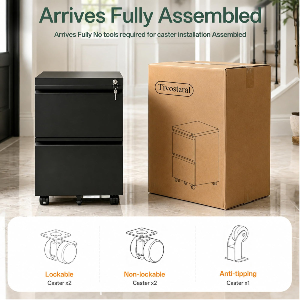 2 Drawer Mobile File Cabinet with Lock, Fully Assembled Except Casters, Under Desk Metal Filing Cabinet for Home Office Organization, Fits Letter/Legal/A4