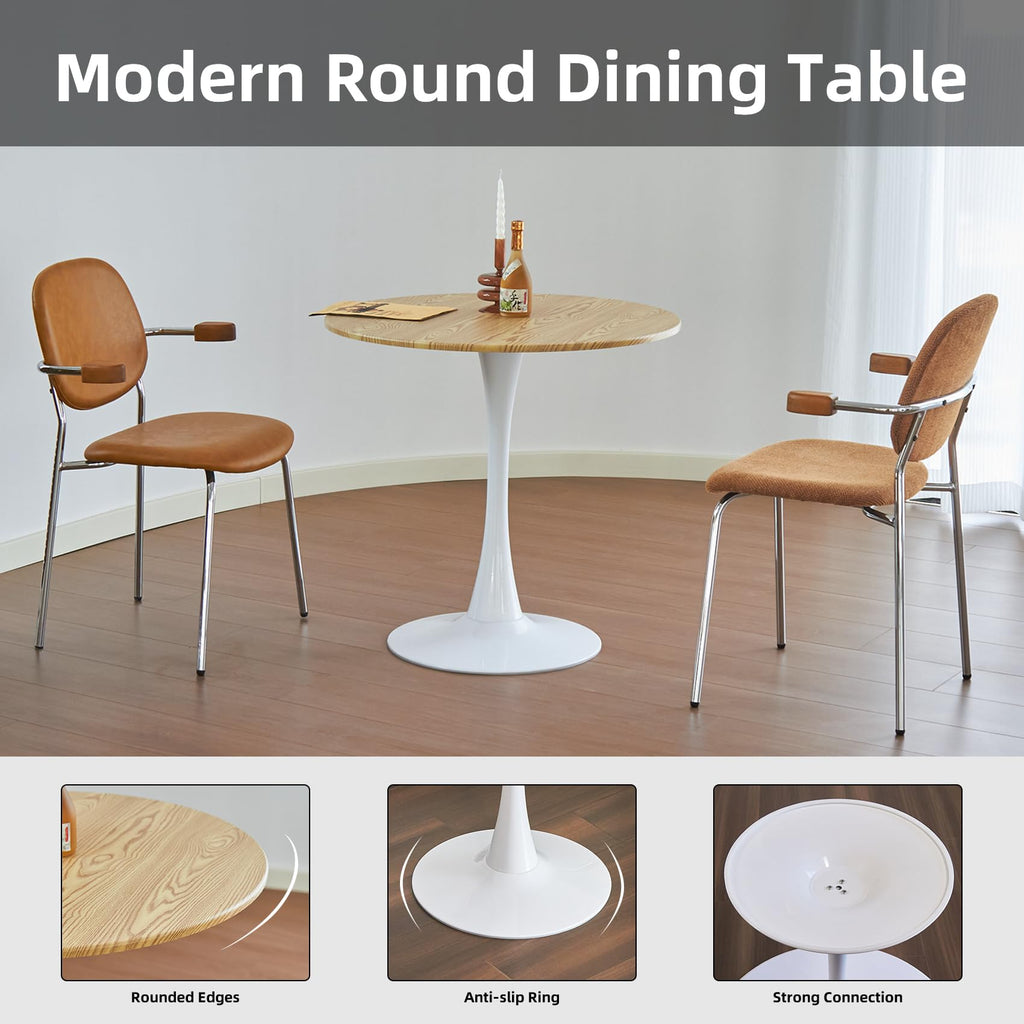 Hansweld Round Dining Table, 24" Circle Tulip Table with Thickened Tabletop & Metal Pedestal, Mid Century Modern Bistro Table for Kitchen, Small Places, Living Room, Cafe (Light Brown)