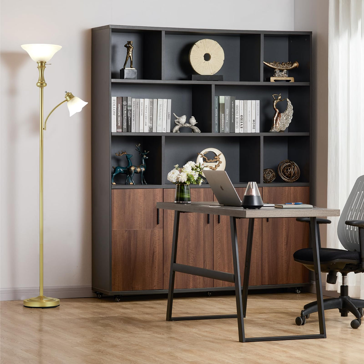 Torchiere Glod Floor Lamp with Adjustable Angle Reading Lamp-71IN