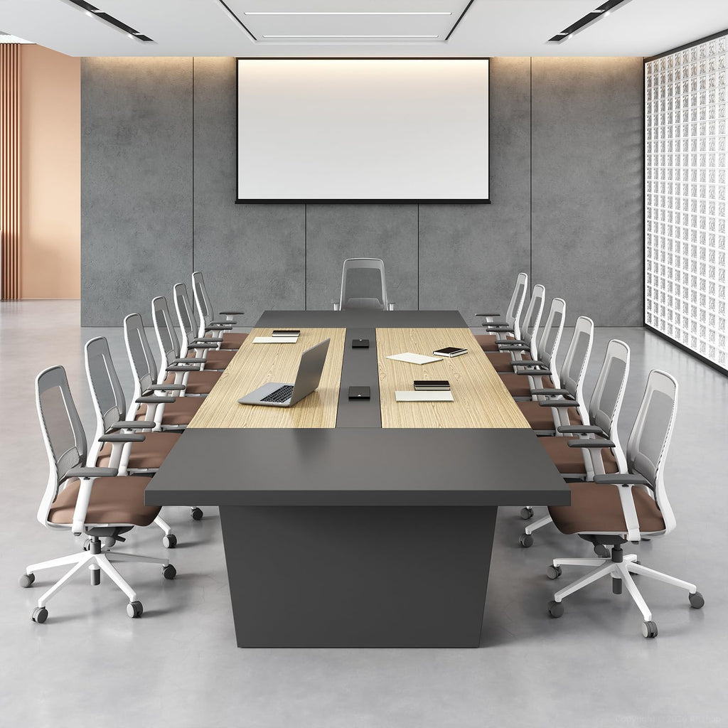 10FT Conference Table for 10 People, Executive Office Table, Rectangular Boardroom Meeting Table with Built-in Power Outlets & USB Ports, 2" Thick Tabletop (Oak & Gray, 118" L * 51" W * 30" H)