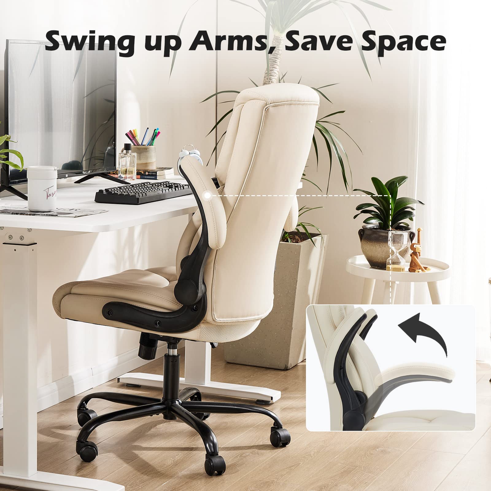Ergonomic Office Chair, Heavy Duty 275lbs High Back Desk Chair, Flip-up Armrest PU Leather Swivel Rolling Chair with Wheels,White
