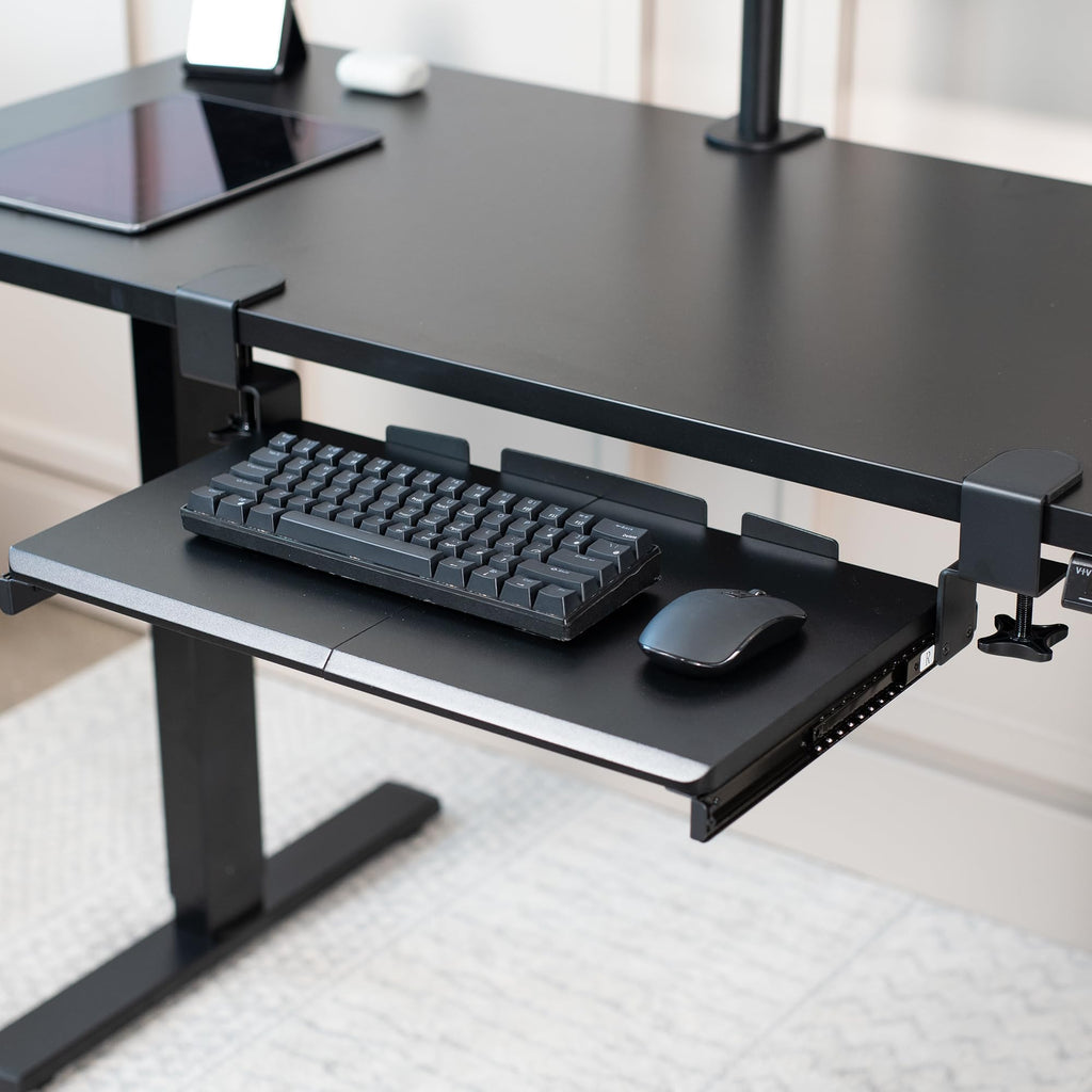 Small Keyboard Tray, Under Desk Pull Out with Extra Sturdy C Clamp Mount System, 20 Inches (26 Inches Including The Clamps) x 11 Inches Slide-Out Platform Computer Drawer for Typing, Black,