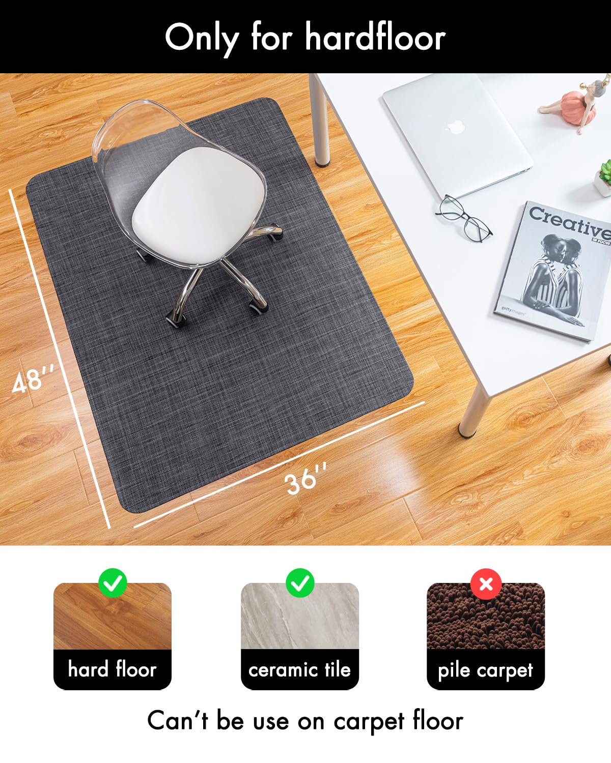 Office Chair Mat for Hardwood Floor Under Desk Computer Rolling Chair Mat for Wood/Tile Floor Non-Slip Heavy Duty Desk Rug PVC Plastic Hard Floor Protector 36" x 48" (Cool Grey)