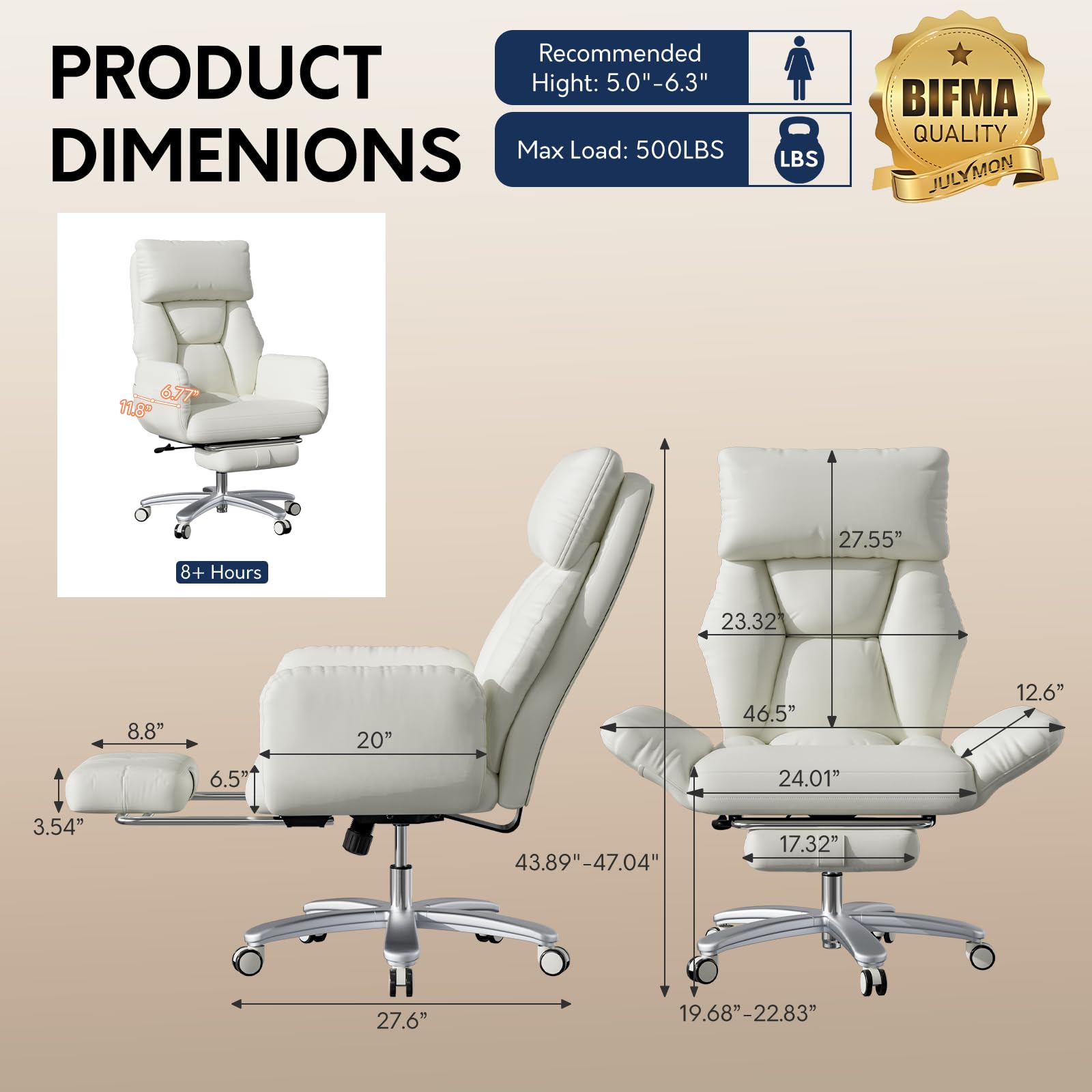 Cross Legged Office Chair with Pets Friendly Seat, Plus Size Criss Cross Desk Chair, Big and Tall Office Chair with Foot Rest, Reversible Armrests & Wide Seat, Cream White