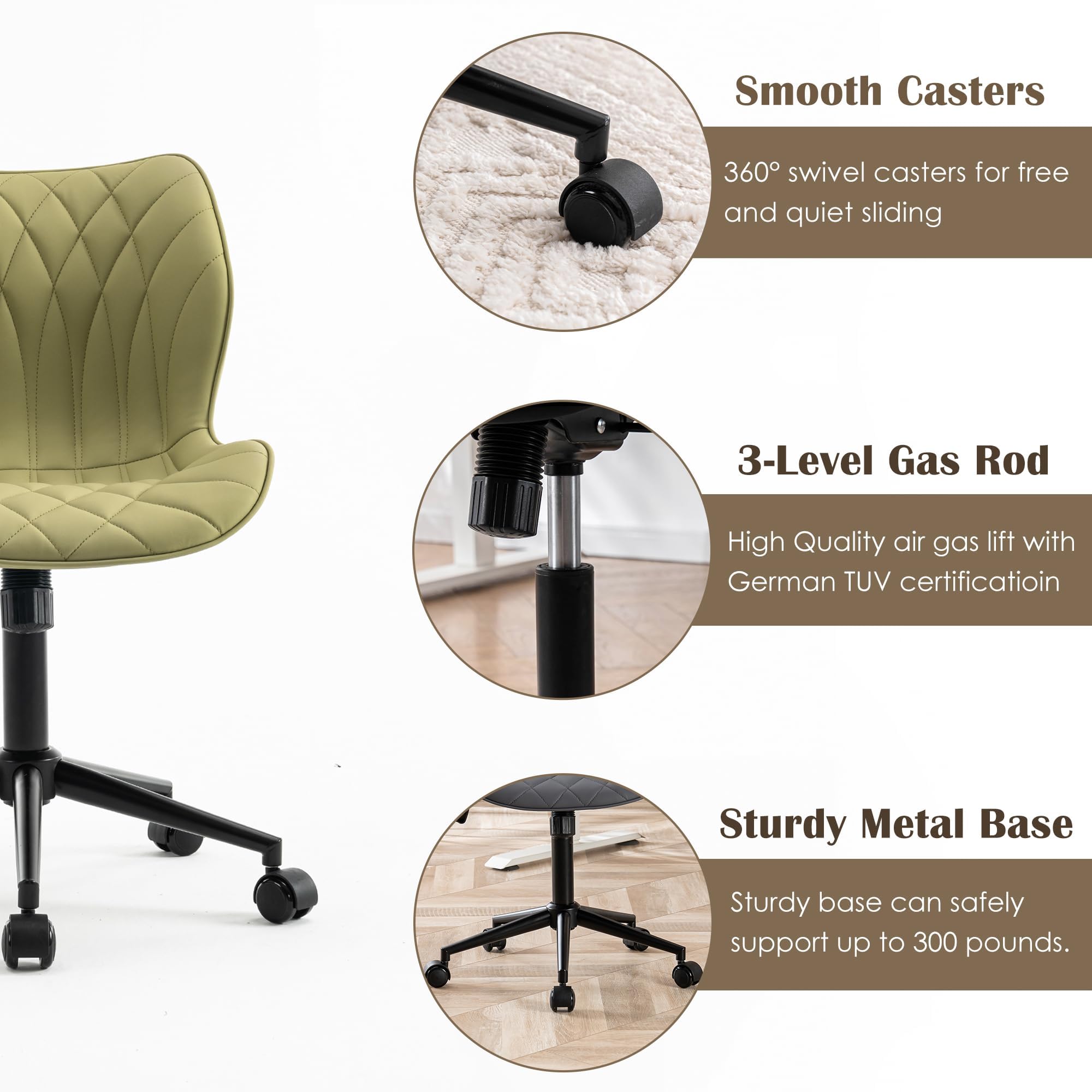 Armless Desk Chair Comfy Office Chair with Wheels Home Ergonomic Task Chair Adjustable Computer Chairs Modern Faux Leather Swivel Chair Upholstered Makeup Vanity Chair with Back(Avocado)