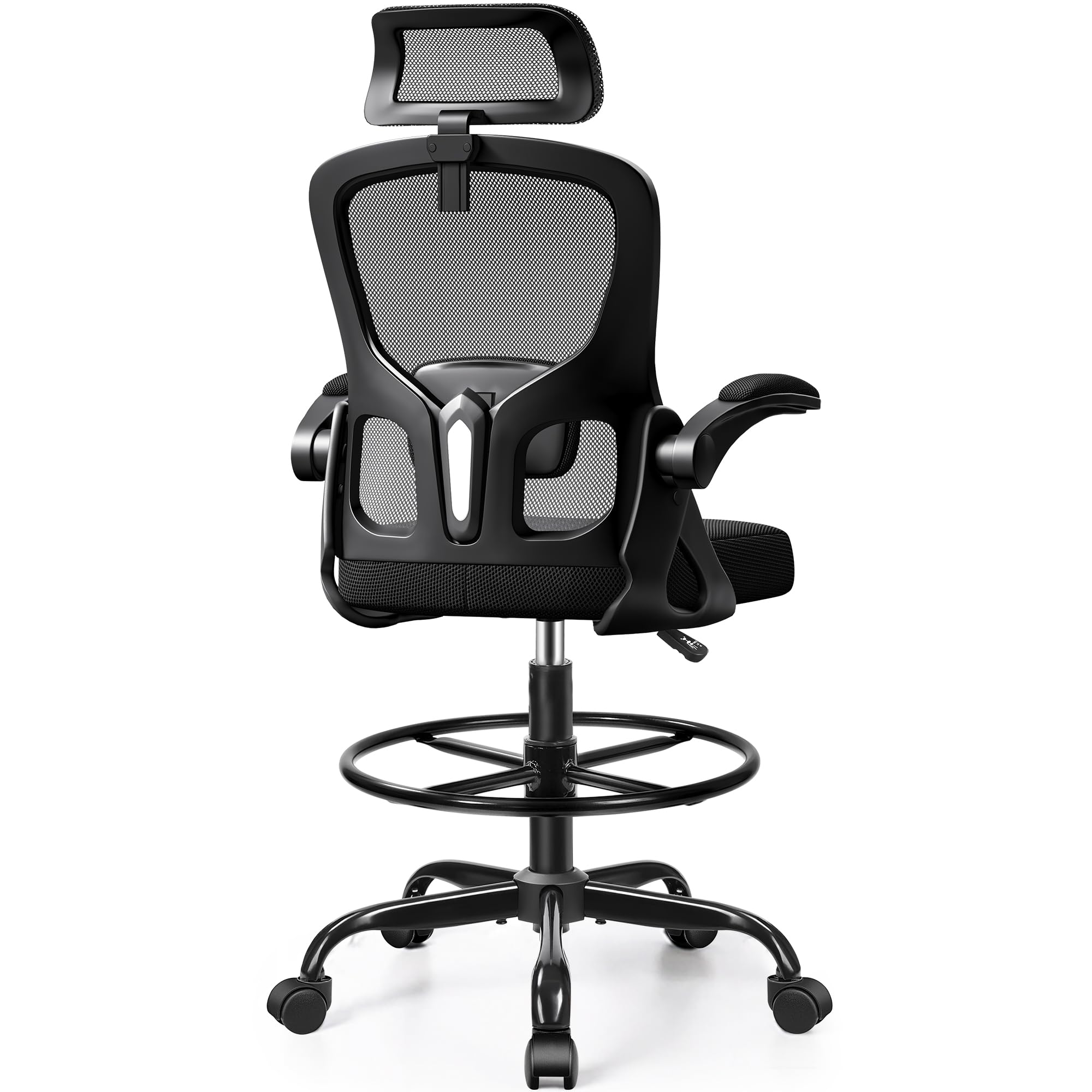 Drafting Chair, Tall Office Chair for Standing Desk, Ergonomic High Back with Headrest, Lumbar Support, Foot Ring and Flip-up Armrests, Black