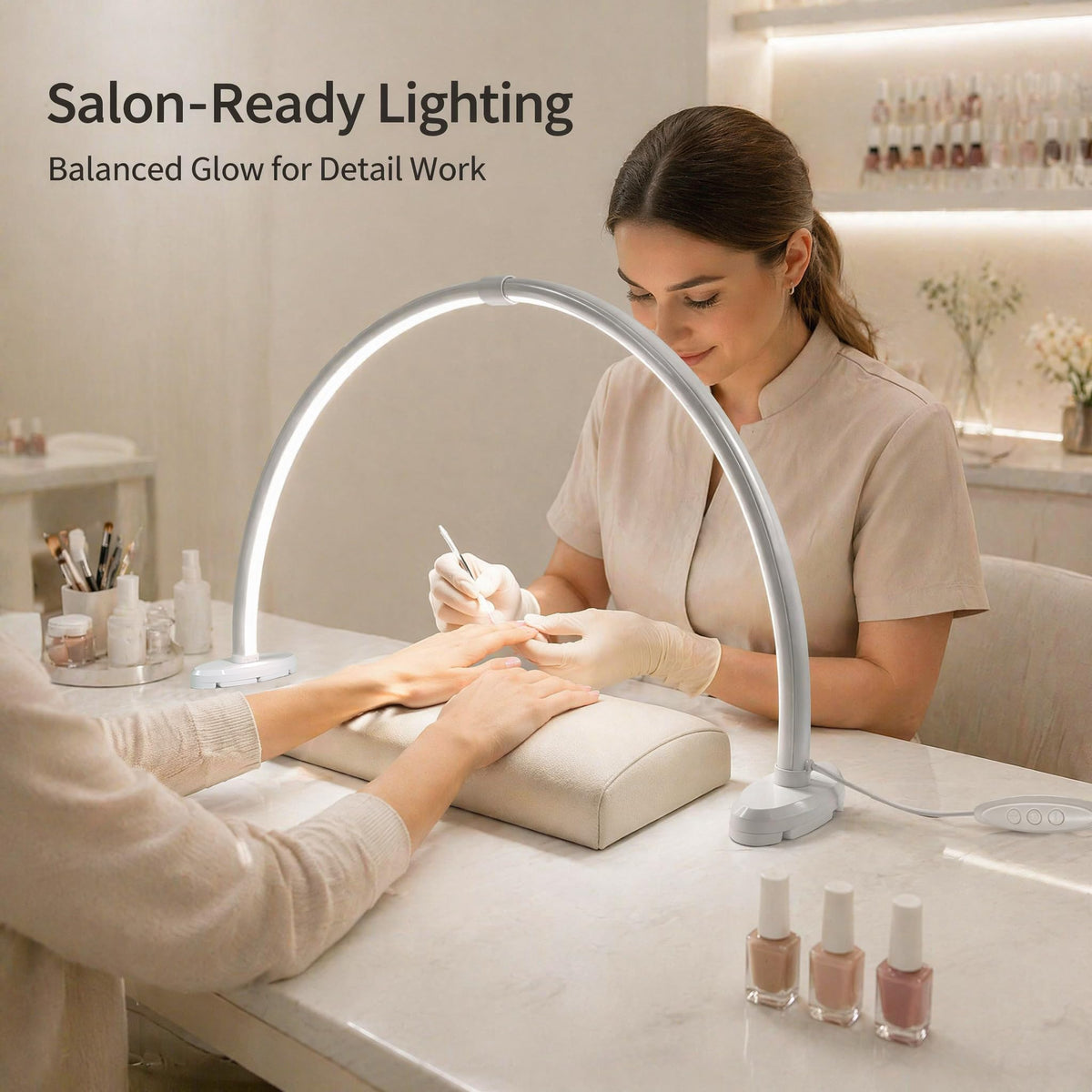 Half Moon Nail Light, 180° No Shadow LED Nail Desk Lamp with Foldable Height Adjustable Base, Nail Tech Lamp Soft Light Eye Protection for Manicure Eyelash Tattoo Craft Workbench Lighting