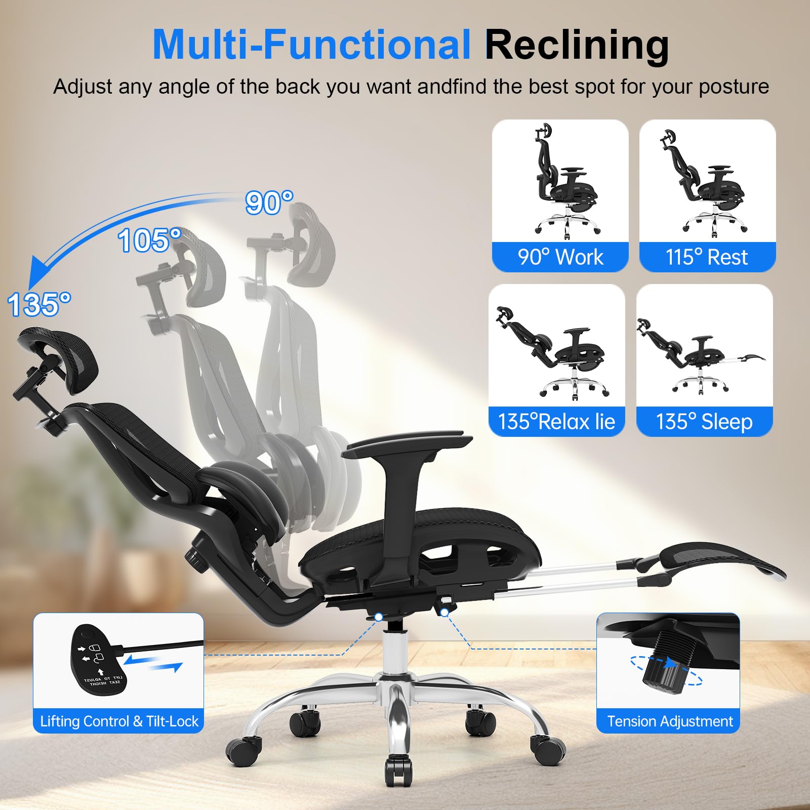 Ergonomic Mesh Office Chair, Home Desk Chair with Adjustable Lumbar Support, 3D Headrest and Armrests, Reclining Big and Tall High Back Computer Gaming Chair for Man Women, 350lbs, Black