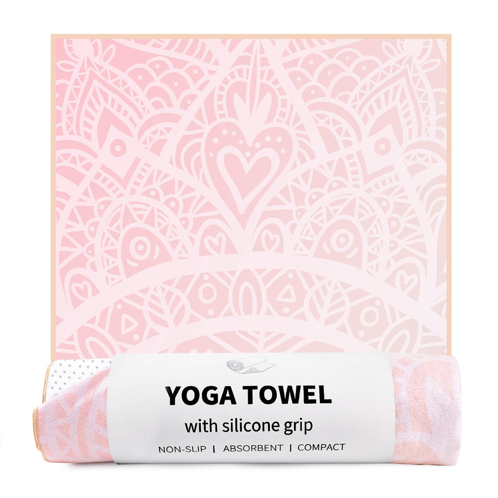Hot Yoga Towel with Grip Dots, Non Slip, 70" x26, Pink Mandala