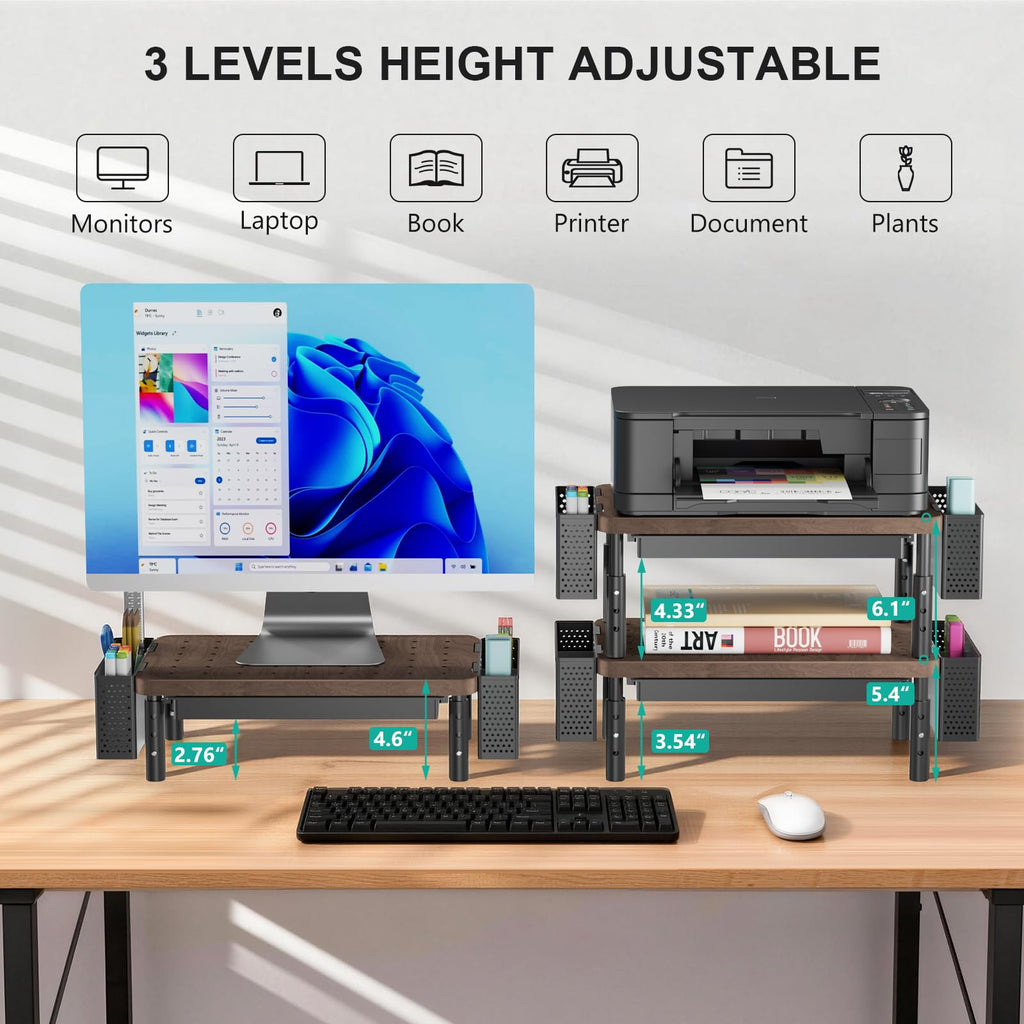 Plastic Computer Monitor Stand with Storage, Desk Organizer with Drawer and Pen Holder, Desk Monitor Riser 3 Height Adjustable, Laptop Riser for Computer, Laptop, Printer(PTT003-C), 1 Pack, Brown
