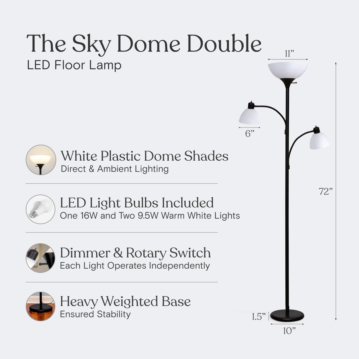 Sky Dome Double LED Floor Lamp, Torchiere Super Bright Floor Lamp with 2 Reading Lamps for Living Rooms & Offices - Dimmable Tall Standing Lamp for Bedroom Reading - Tall Black Pole