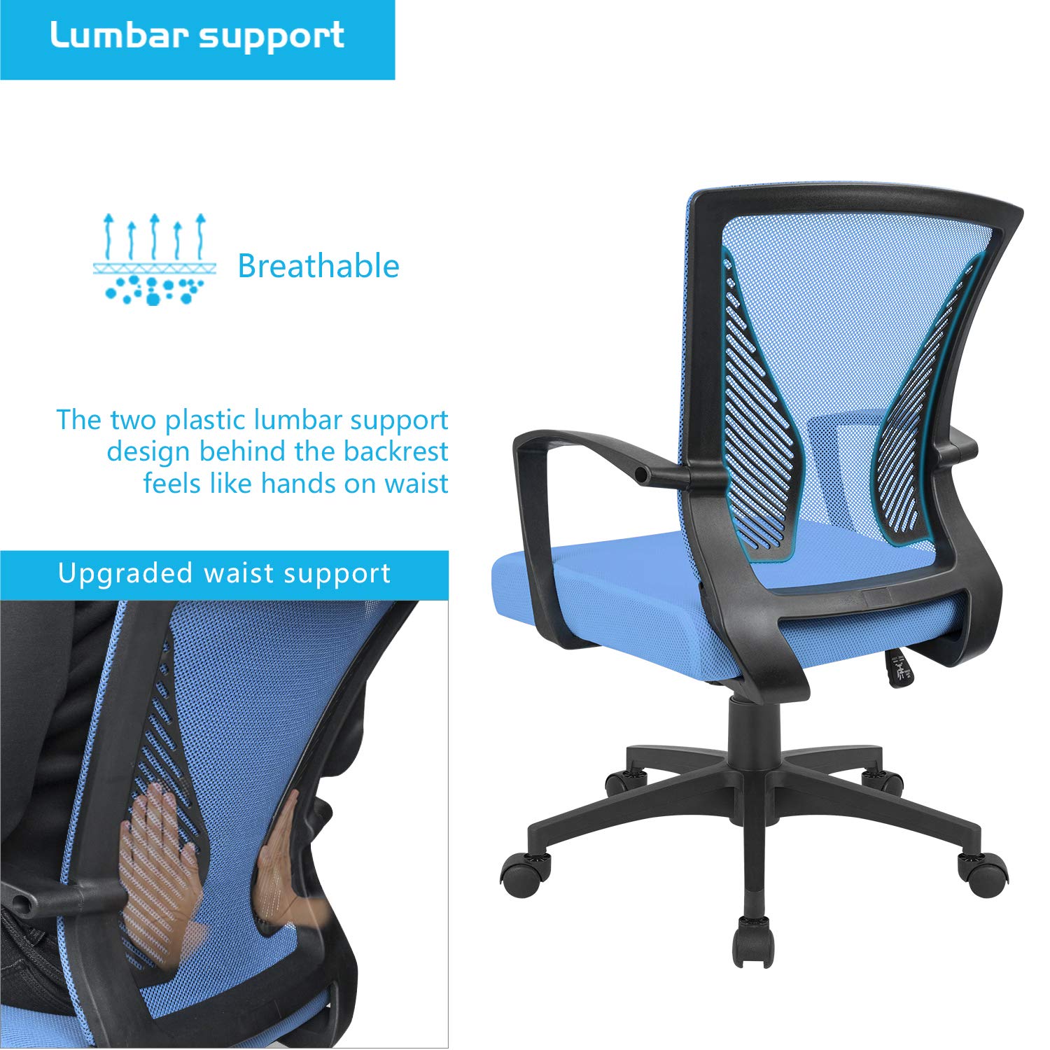 Office Chair Ergonomic Computer Desk Mesh Chair Mid Back Swivel Lumbar Support with Armrest (1, Blue)