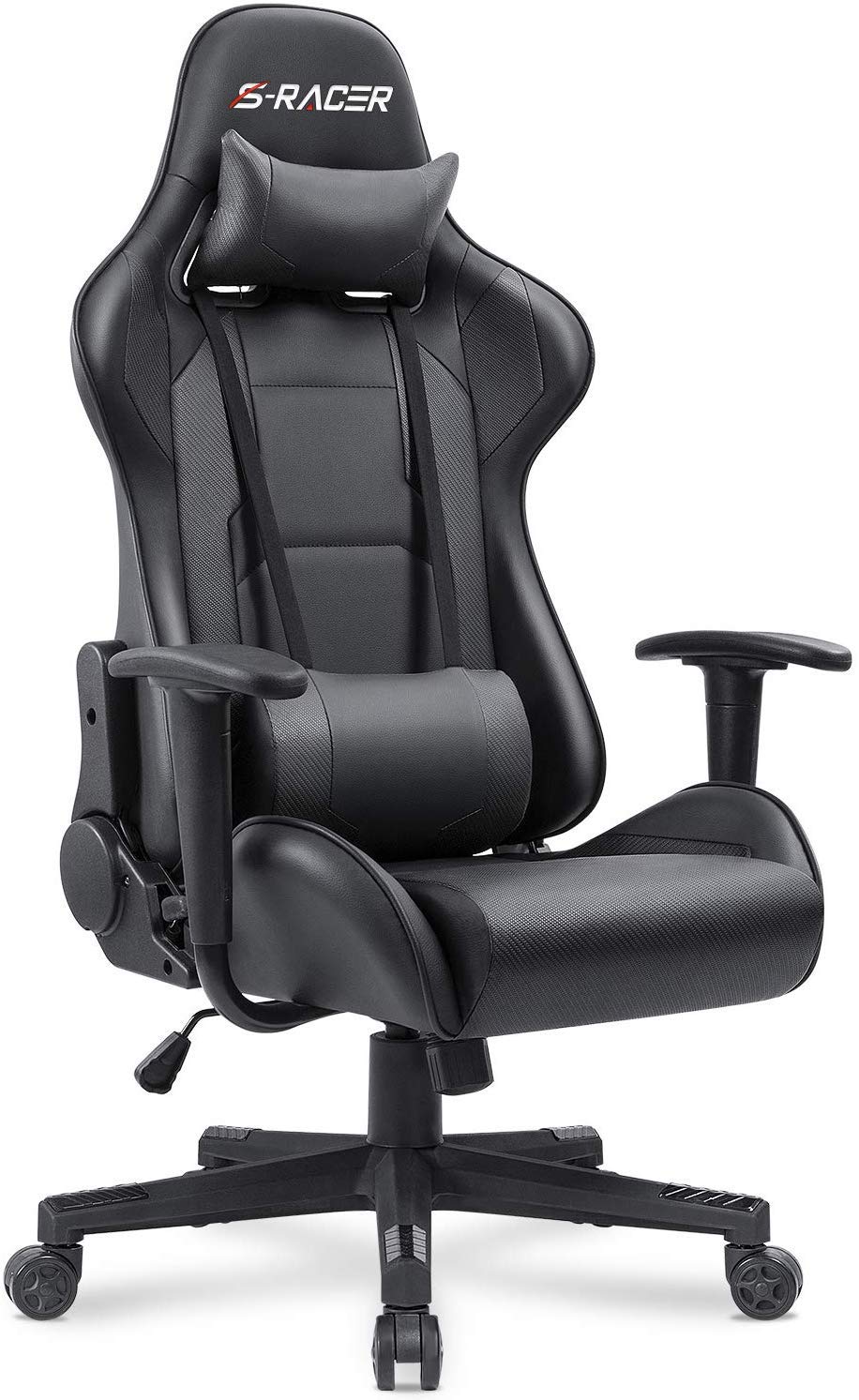 Gaming Chair, Office Chair High Back Computer Chair Leather Desk Chair Racing Executive Ergonomic Adjustable Swivel Task Chair with Headrest and Lumbar Support (Dark Black)