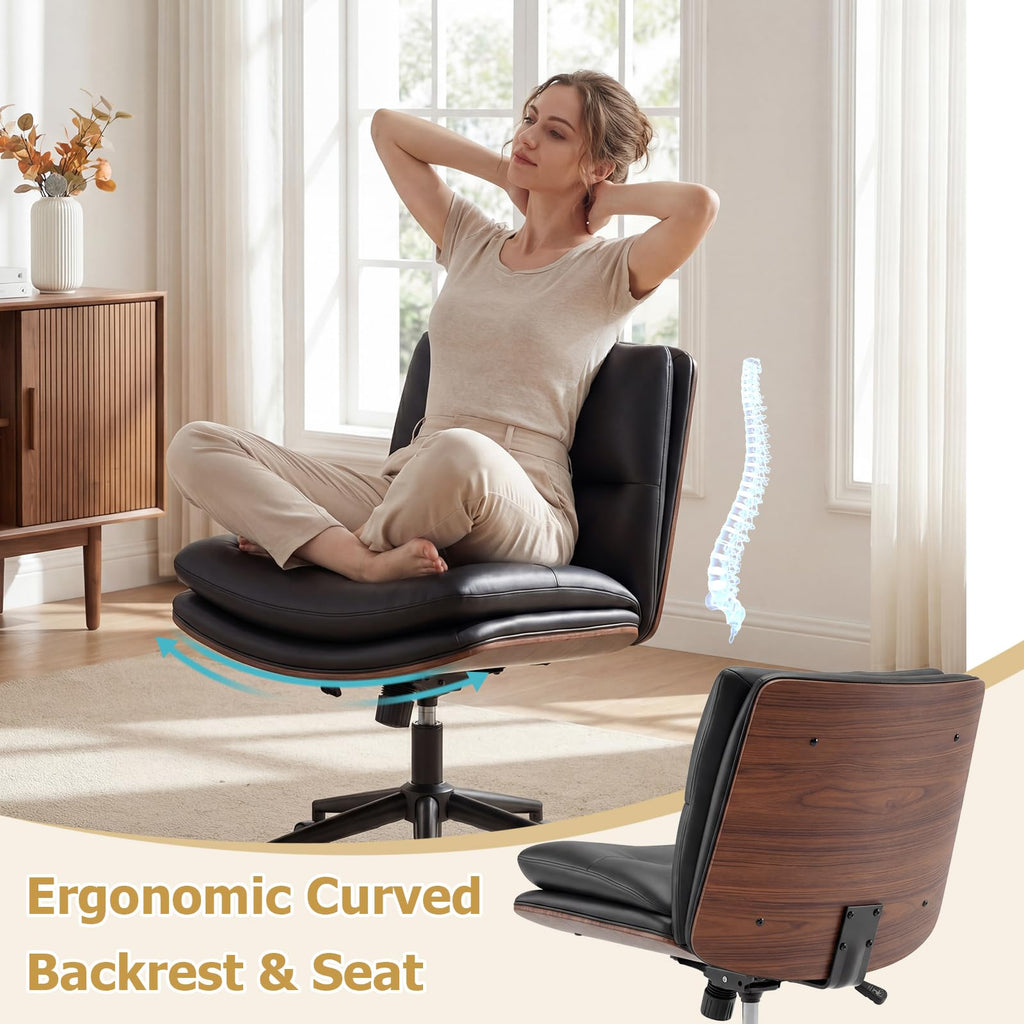 Armless Office Chair with Wheels, PU Leather Height Adjustable Vanity Chair w/Curved Backrest, Mid-Back Criss Cross 360° Swivel Ergonomic Computer Desk Chair for Home Office & Bedroom (Black)