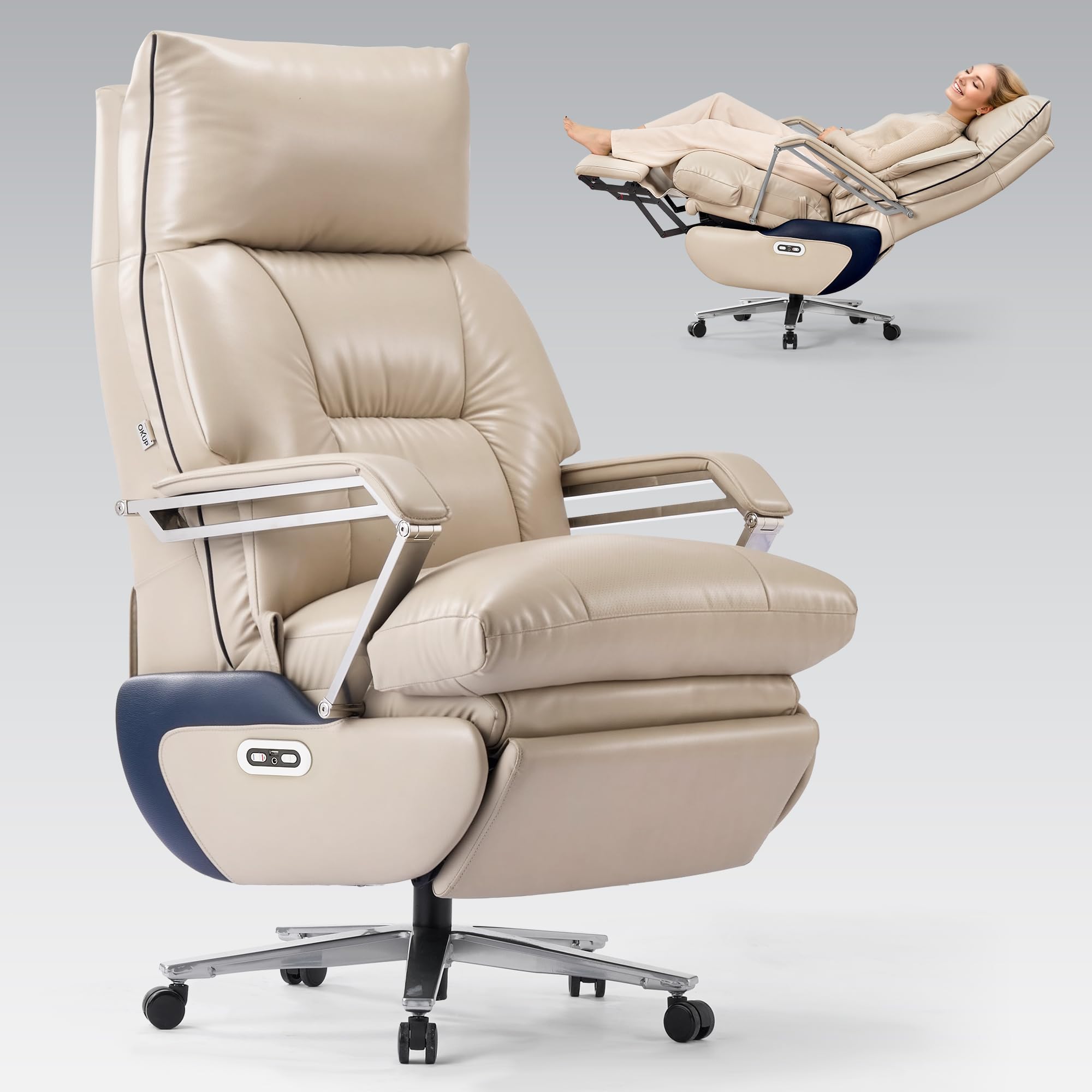 Dual Motor Electric Executive Office Chair with Footrest, Comfortable Reclining Office Chair Wide Seat, Big and Tall Ergonomic Leather Home Office Desk Chair (Beige,No Massage)