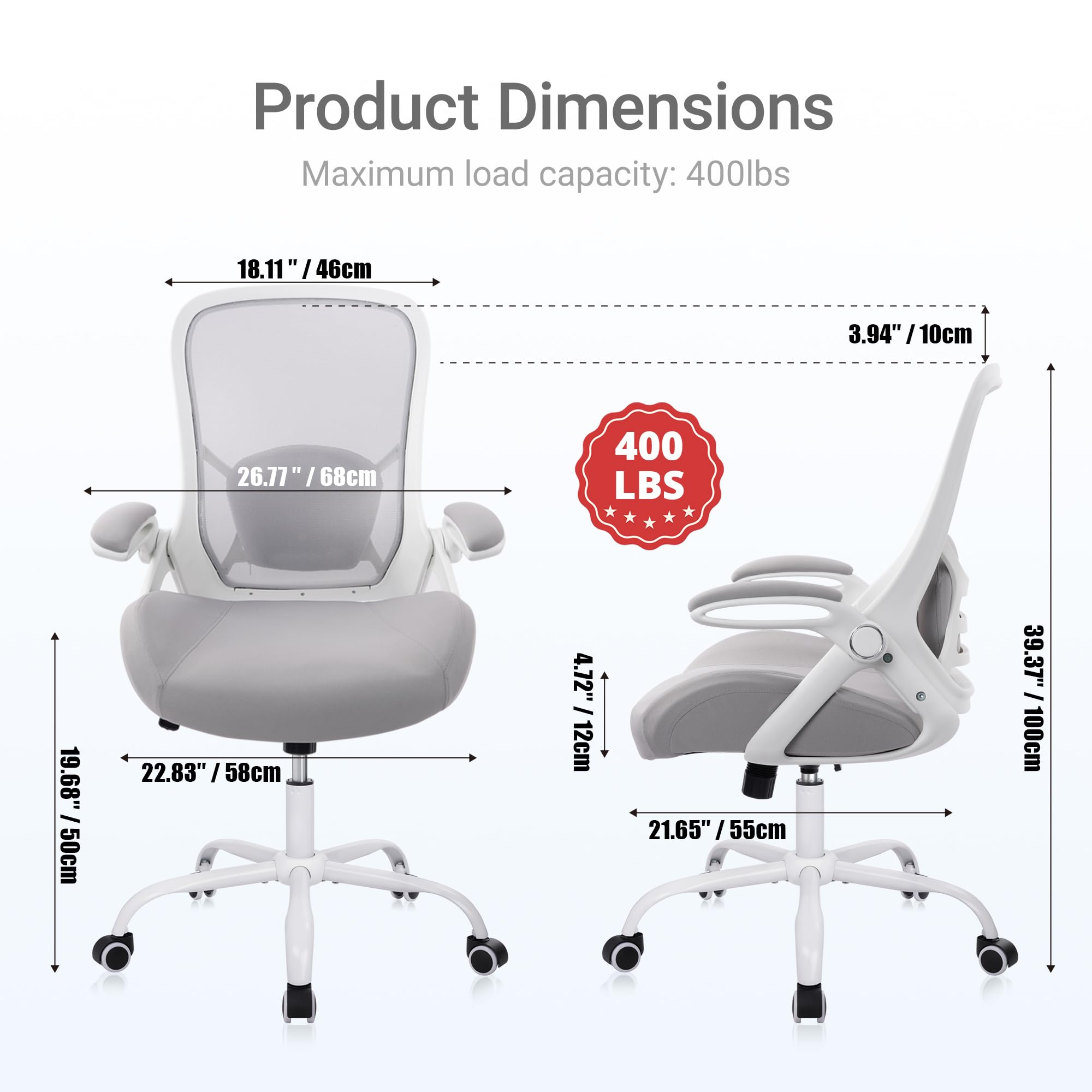 400lbs Heavy Duty Office Chair, 5" Thickened Seat Ergonomic Desk Chair with Adjustable Armrests, Home Office Computer Chairs for Long Hours Mesh Executive Chair(Grey)