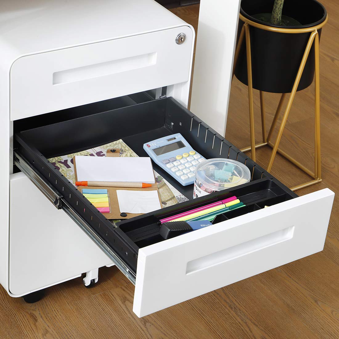 3 Drawer File Cabinet for Office, Under Desk Mobile Filing Cabinet with Lock for A4/Letter/Legal Size, 5 Wheel Anti-tilt Rolling File Cabinets, Fully Assembled