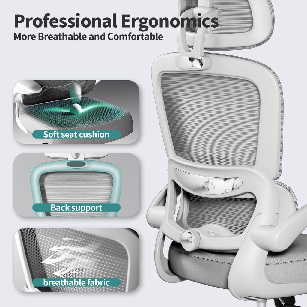 Office Chair Ergonomic Desk Chair, 330 LBS Home Mesh Office Desk Chairs with Wheels, Comfortable Gaming Chairs (Light Grey)
