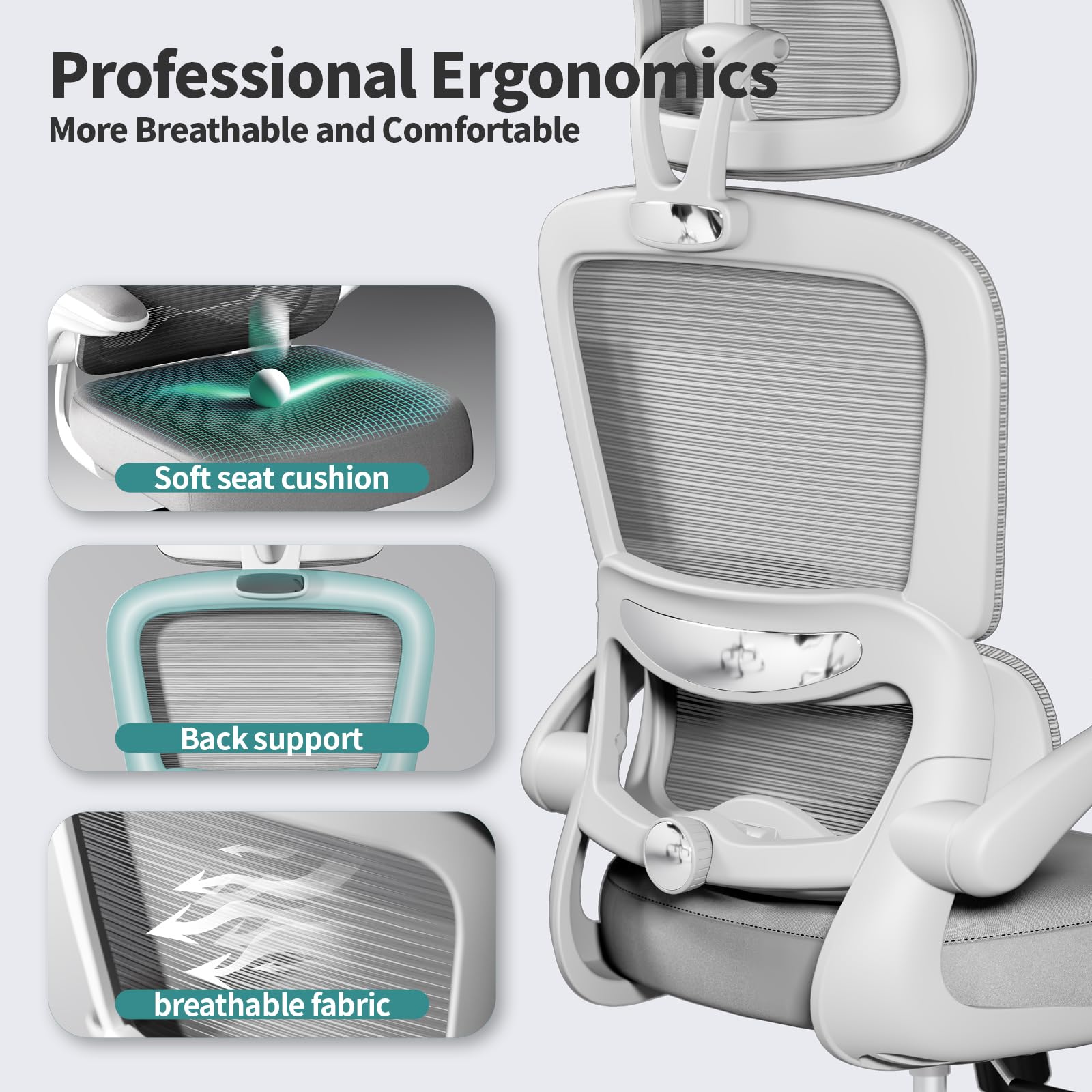 Office Chair Ergonomic Desk Chair, 330 LBS Home Mesh Office Desk Chairs with Wheels, Comfortable Gaming Chairs (Light Grey)