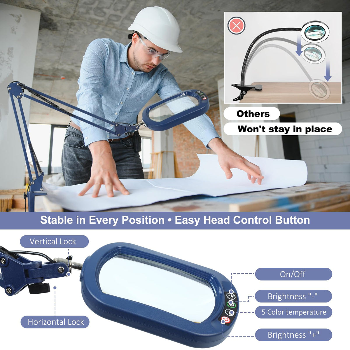14.35" Large Magnifying Glass with Light and Clamp, Real Glass, 5 Color Modes, Stepless Dimmable, Lighted Magnifier with Stand Hands Free, LED Swing Arm Desk Lamp for Close Work, Craft, Blue