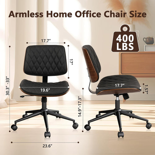 (4 pk) Home Office Desk Chair with Wheels, Adjustable Height Armless Office Chair, PU Leather Mid Back 360 Swivel Computer Chair, Modern Walnut Chair for Home, Meeting, Reading Room,Black