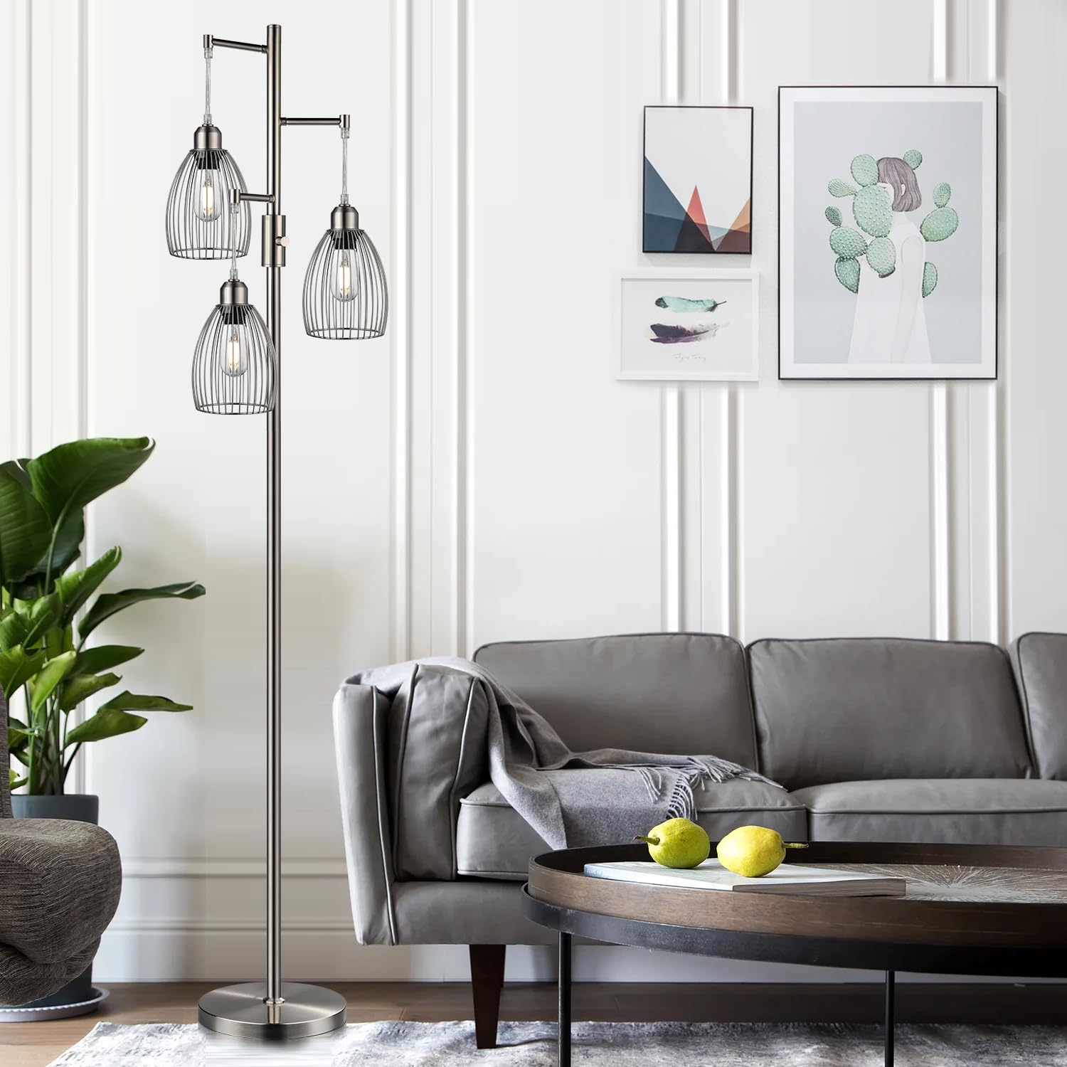 Floor Lamp, 3 x 800LM LED Edison Bulbs Included, Industrial Floor Lamp Standing Tree Lamp with Elegant Teardrop Cage Heads Tall Lamps for Living Room Bedroom-Brushed Nickel