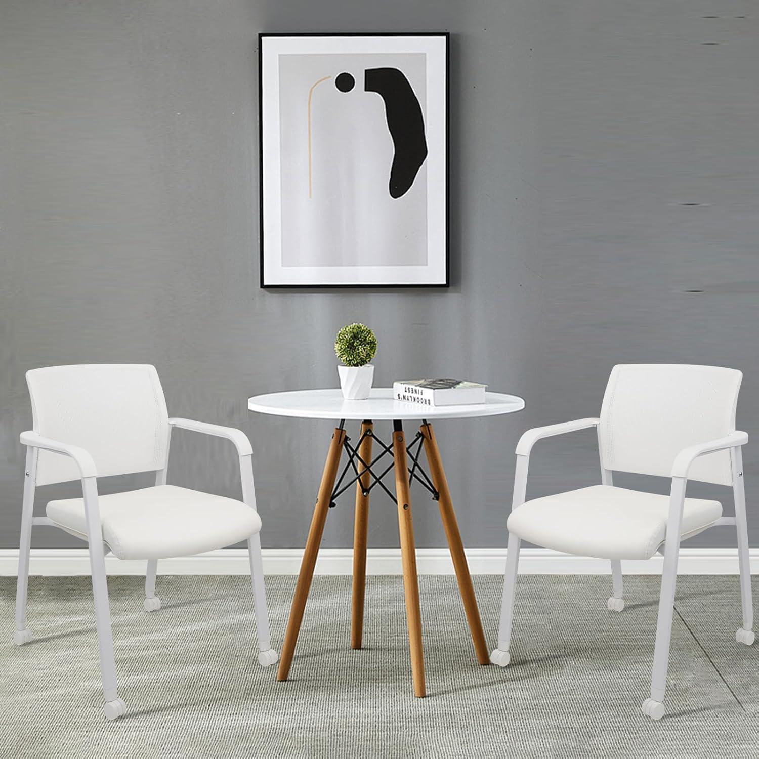 Set of 8, Stacking Office Chairs with Wheels | Mesh Back, Thicken Leather Seat and Streamline Armrests, Ergonomic Lumber Support | School, Desk, Guest Reception, Waiting, Conference | White