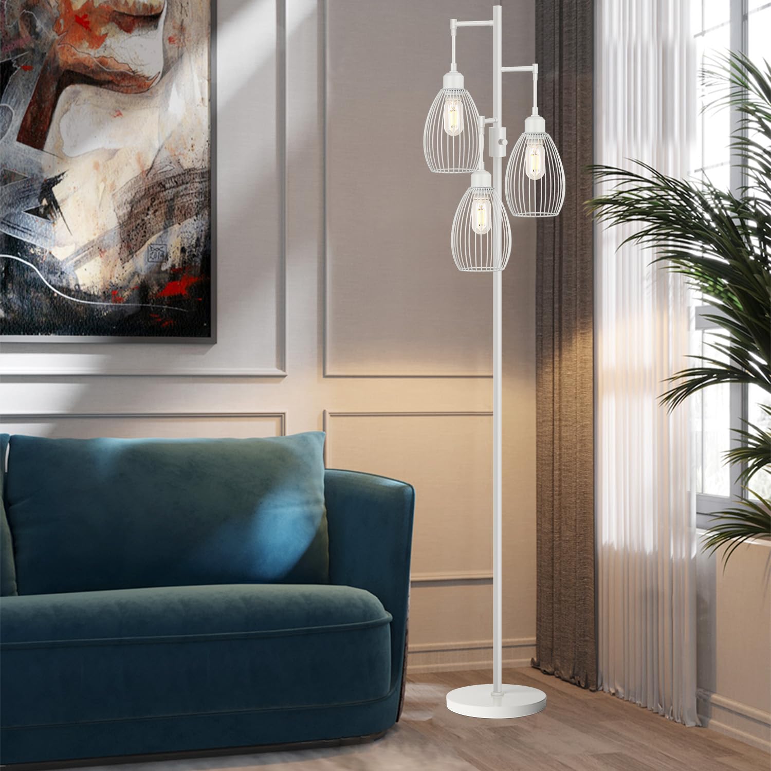 Floor Lamp, 3 x 800LM LED Edison Bulbs Included, Farmhouse Industrial Floor Lamp Standing Lamp with Elegant Teardrop Cage Head Tall Lamp for Living Room Bedroom Office Dining Room - White