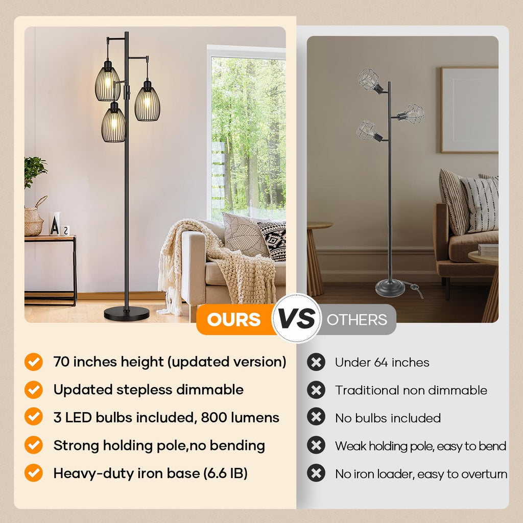 Floor Lamp, 3 x 800LM LED Edison Bulbs Included, Farmhouse Industrial Floor Lamp Standing Tree Lamp with Elegant Teardrop Cage Tall Lamps for Living Room Bedroom Office Dining Room-Black