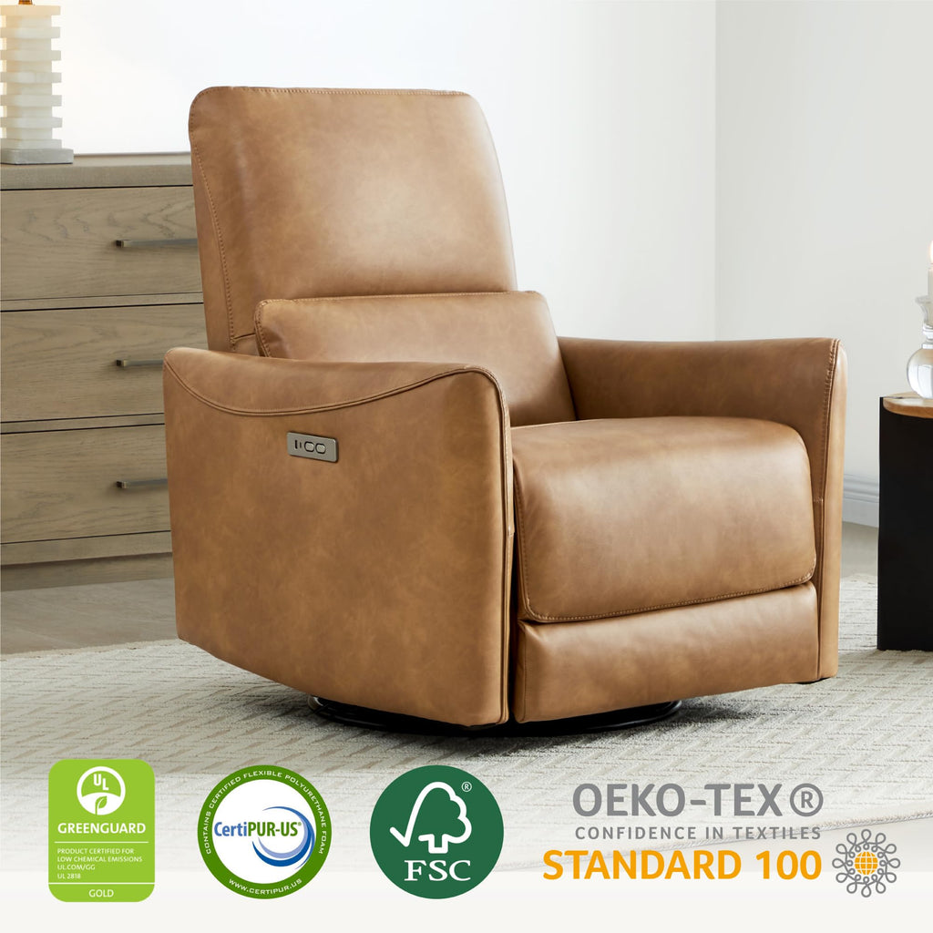 Power Recliner Chair Swivel Glider, FSC Certified Upholstered Faux Leather Living Room Nursery Reclining Sofa Chair with Lumbar Support, Cognac Brown