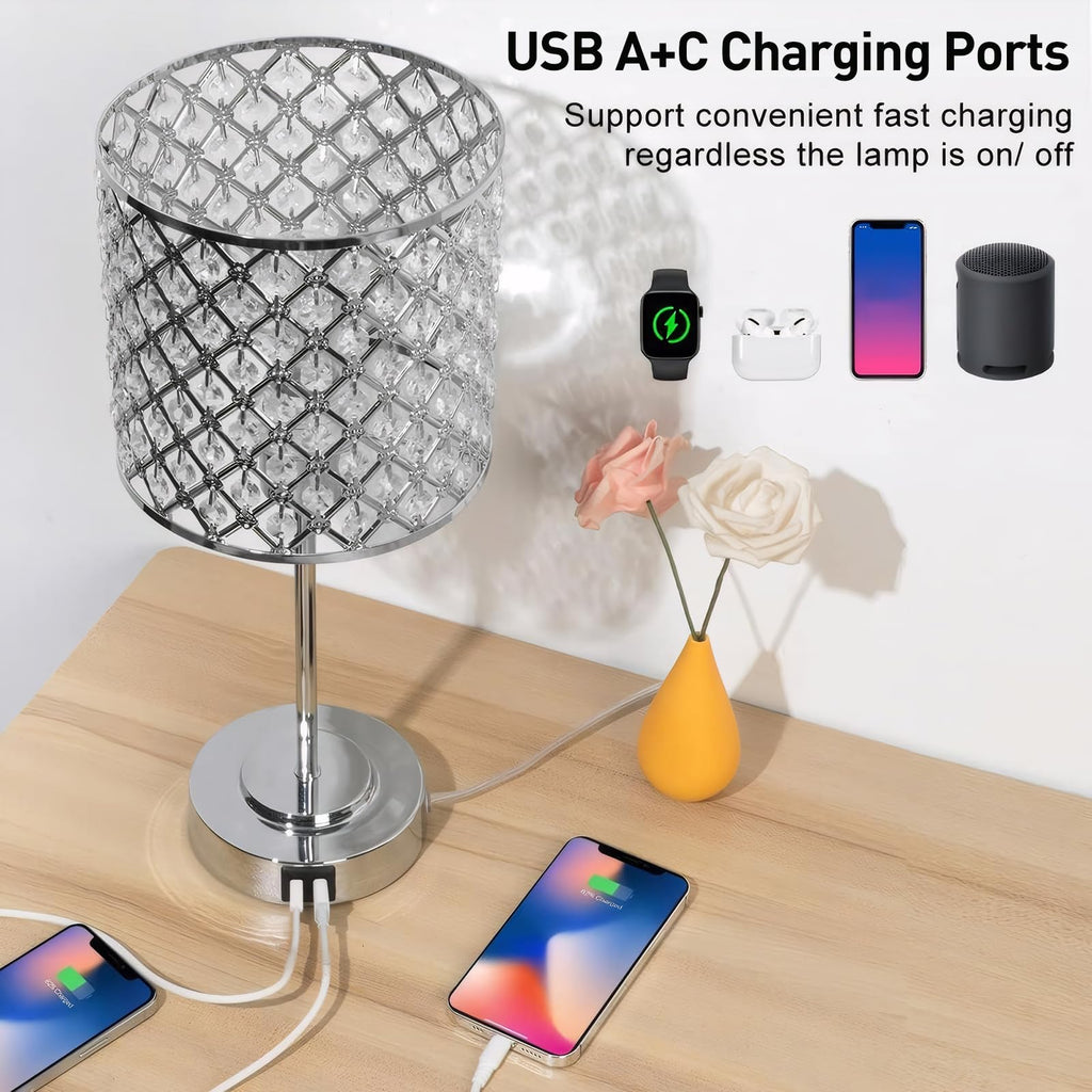 Crystal Bedside Table Lamp, Silver Touch Bedroom Lamp, USB C+A Ports